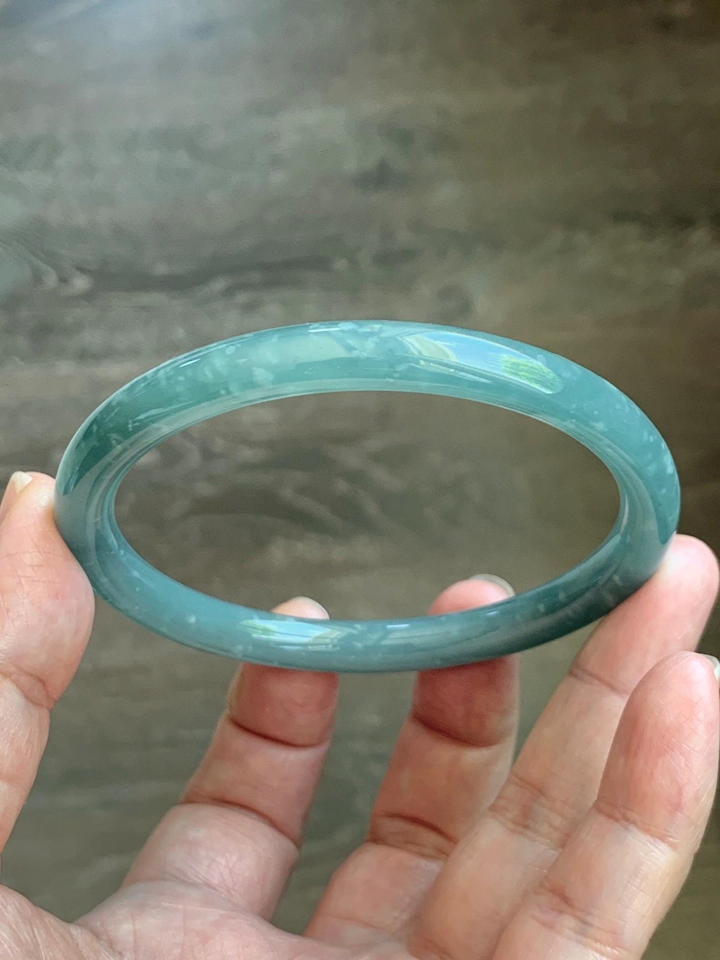 Certified Natural Grade A Guatemalan Icy Translucent Dusty Teal Jade Jadeite Bangle 62.89mm 7.77” 32g 天然冰危蓝绿翡翠圆条手镯 1174