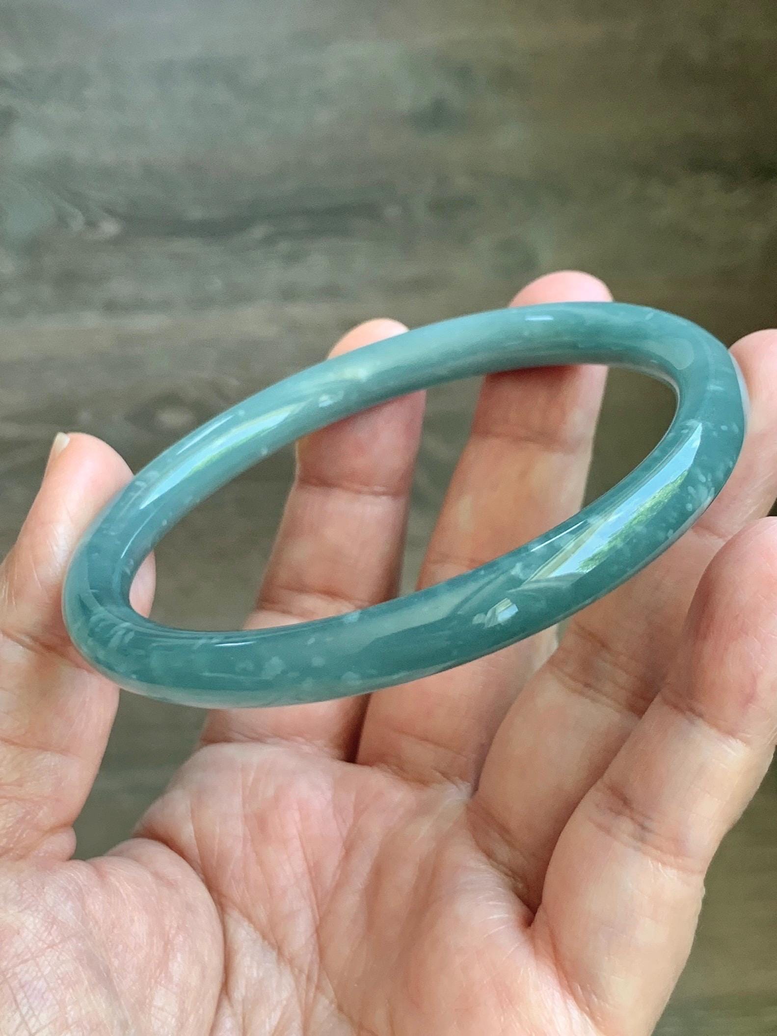 Certified Natural Grade A Guatemalan Icy Translucent Dusty Teal Jade Jadeite Bangle 62.89mm 7.77” 32g 天然冰危蓝绿翡翠圆条手镯 1174