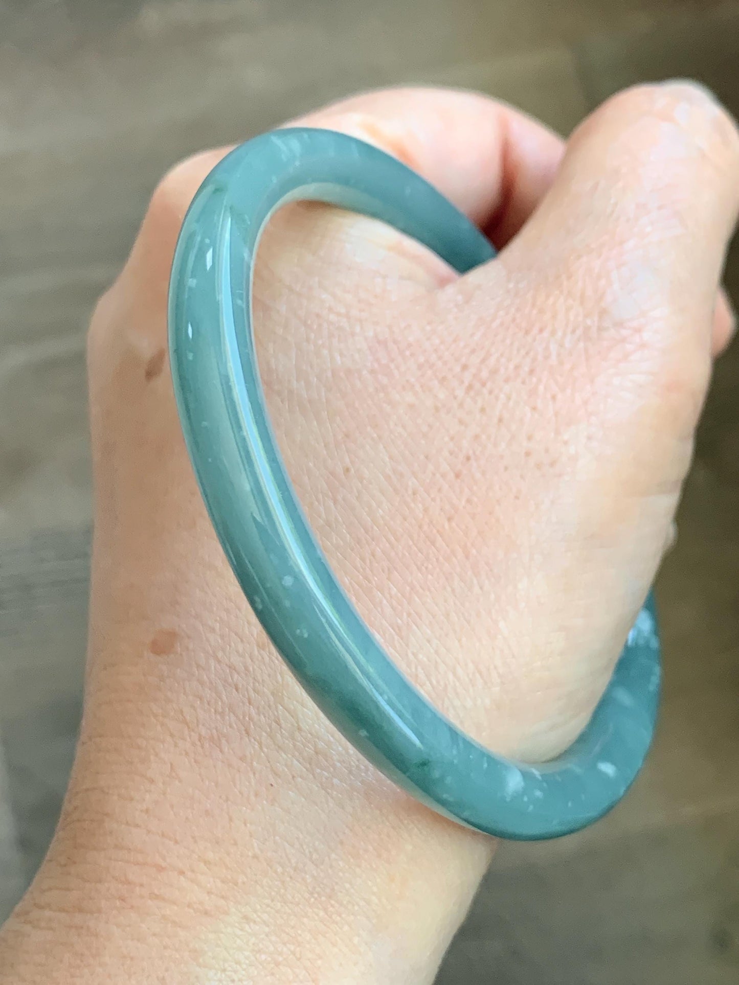 Certified Natural Grade A Guatemalan Icy Translucent Dusty Teal Jade Jadeite Bangle 62.89mm 7.77” 32g 天然冰危蓝绿翡翠圆条手镯 1174
