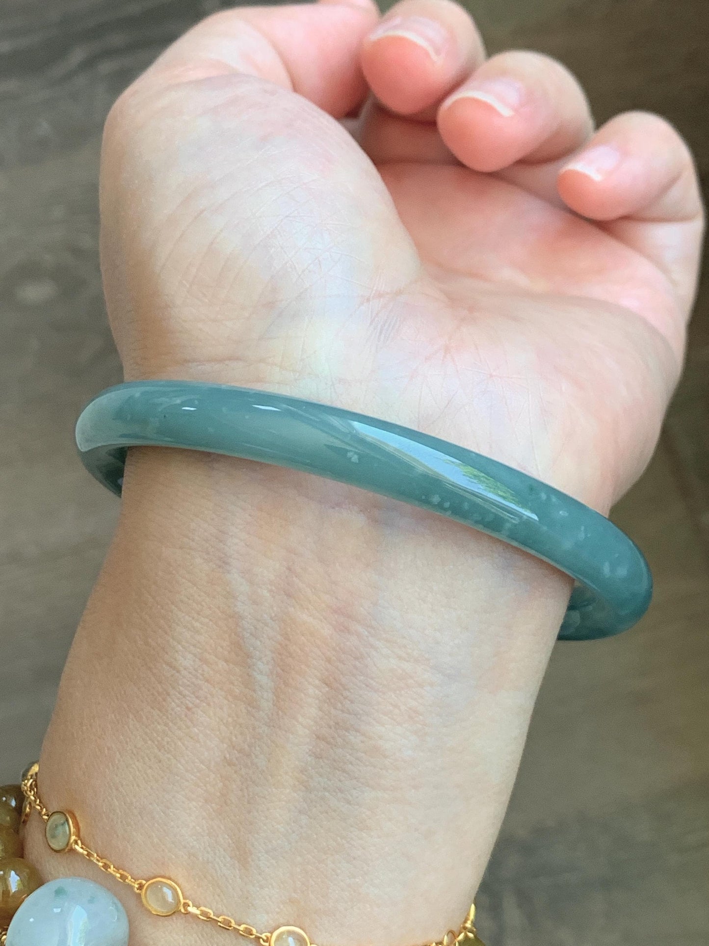 Certified Natural Grade A Guatemalan Icy Translucent Dusty Teal Jade Jadeite Bangle 62.89mm 7.77” 32g 天然冰危蓝绿翡翠圆条手镯 1174