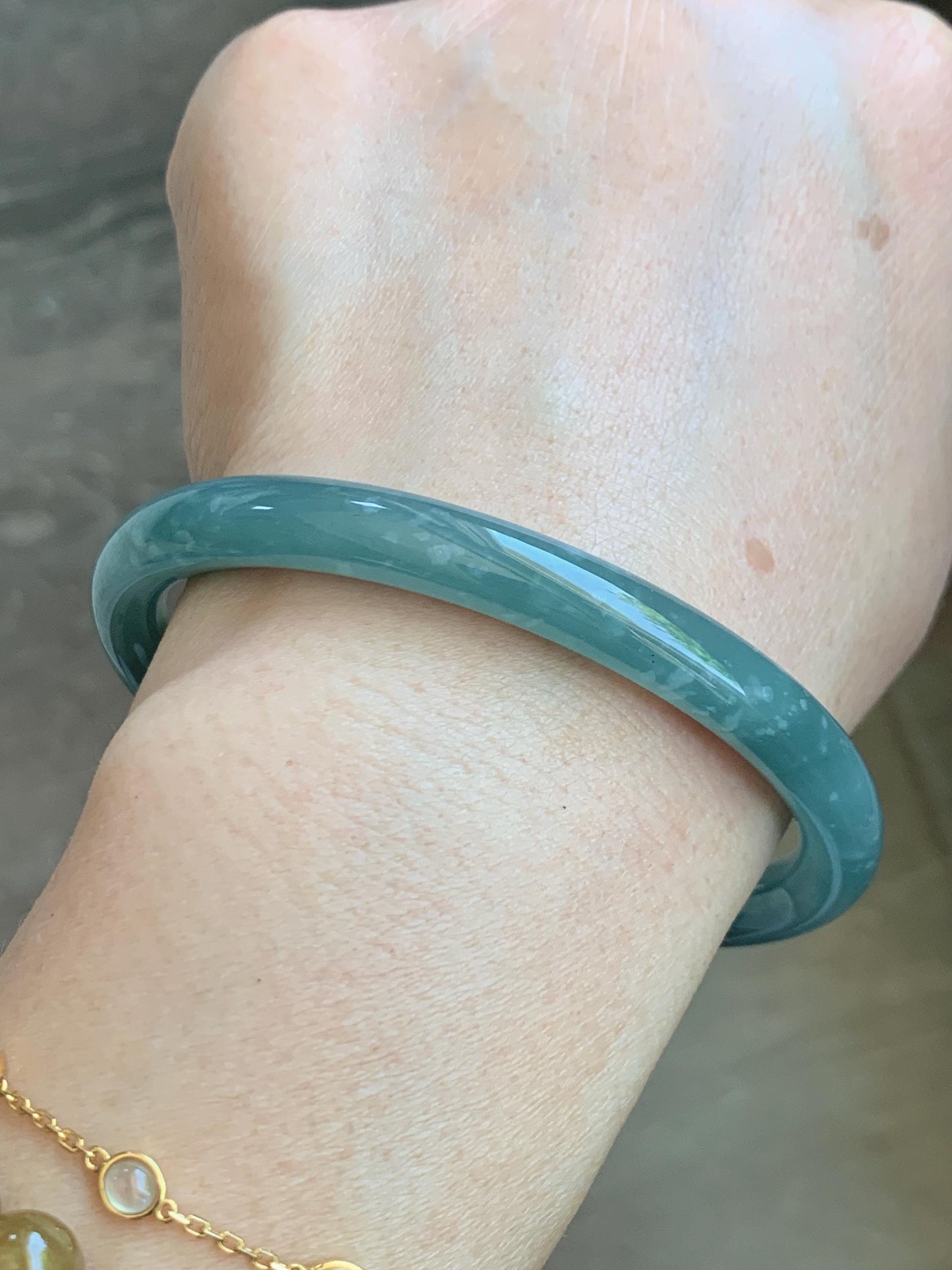 Certified Natural Grade A Guatemalan Icy Translucent Dusty Teal Jade Jadeite Bangle 62.89mm 7.77” 32g 天然冰危蓝绿翡翠圆条手镯 1174