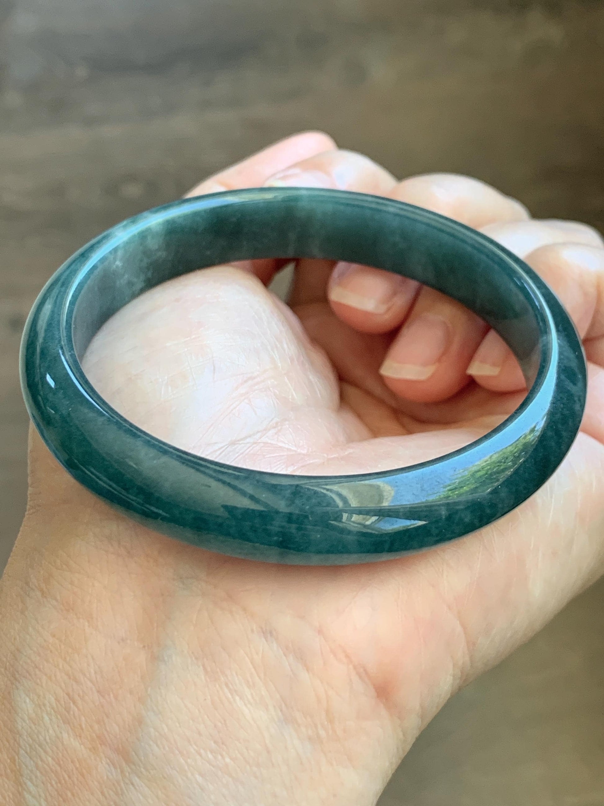 Certified Natural Grade A Guatemalan Icy Translucent Dark Teal Blue Jade Jadeite Wide Bangle 59.2mm 7.32” 43g 天然冰危蓝绿翡翠正圈宽版手镯 1223