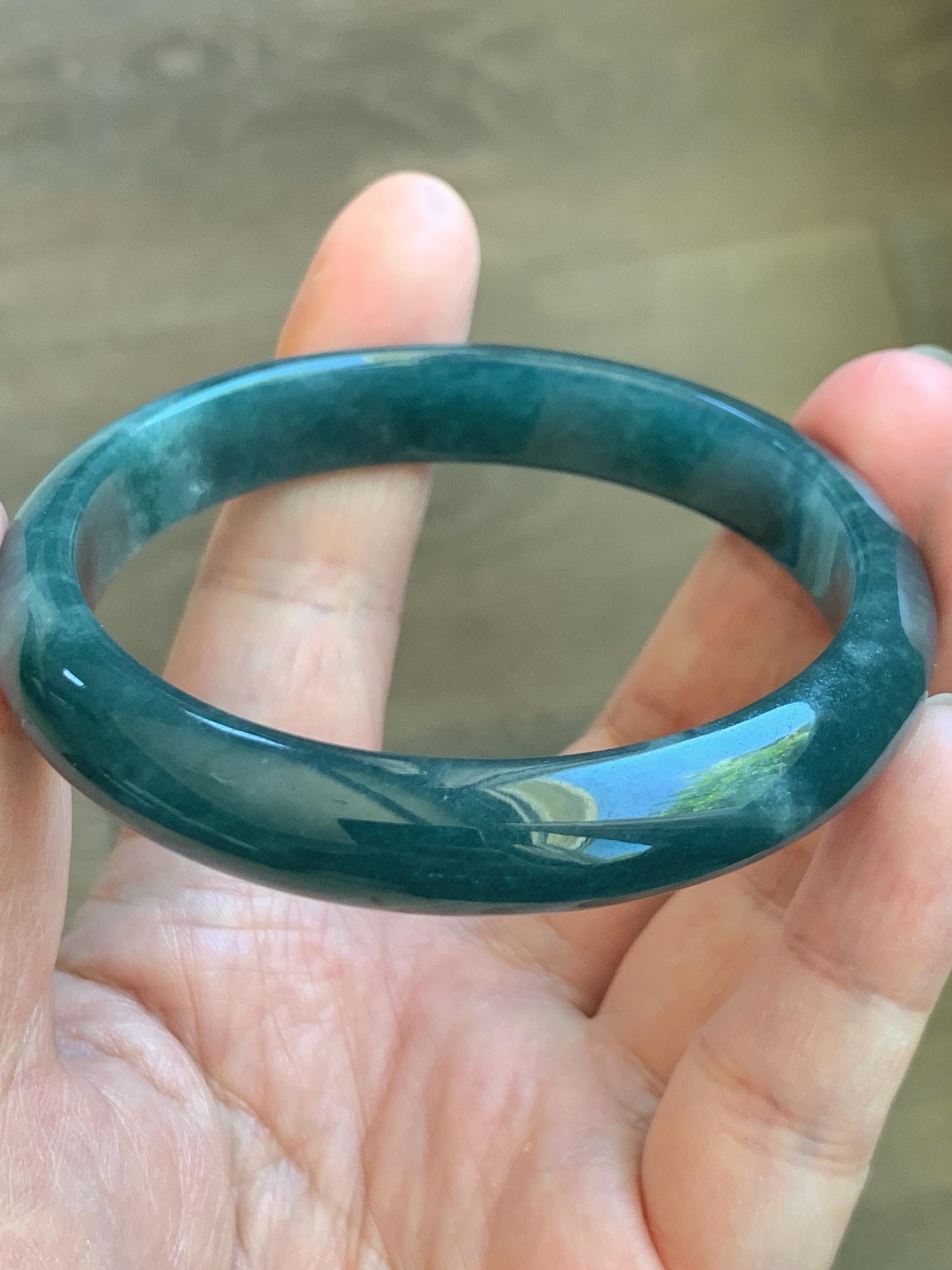 Certified Natural Grade A Guatemalan Icy Translucent Dark Teal Blue Jade Jadeite Wide Bangle 59.2mm 7.32” 43g 天然冰危蓝绿翡翠正圈宽版手镯 1223