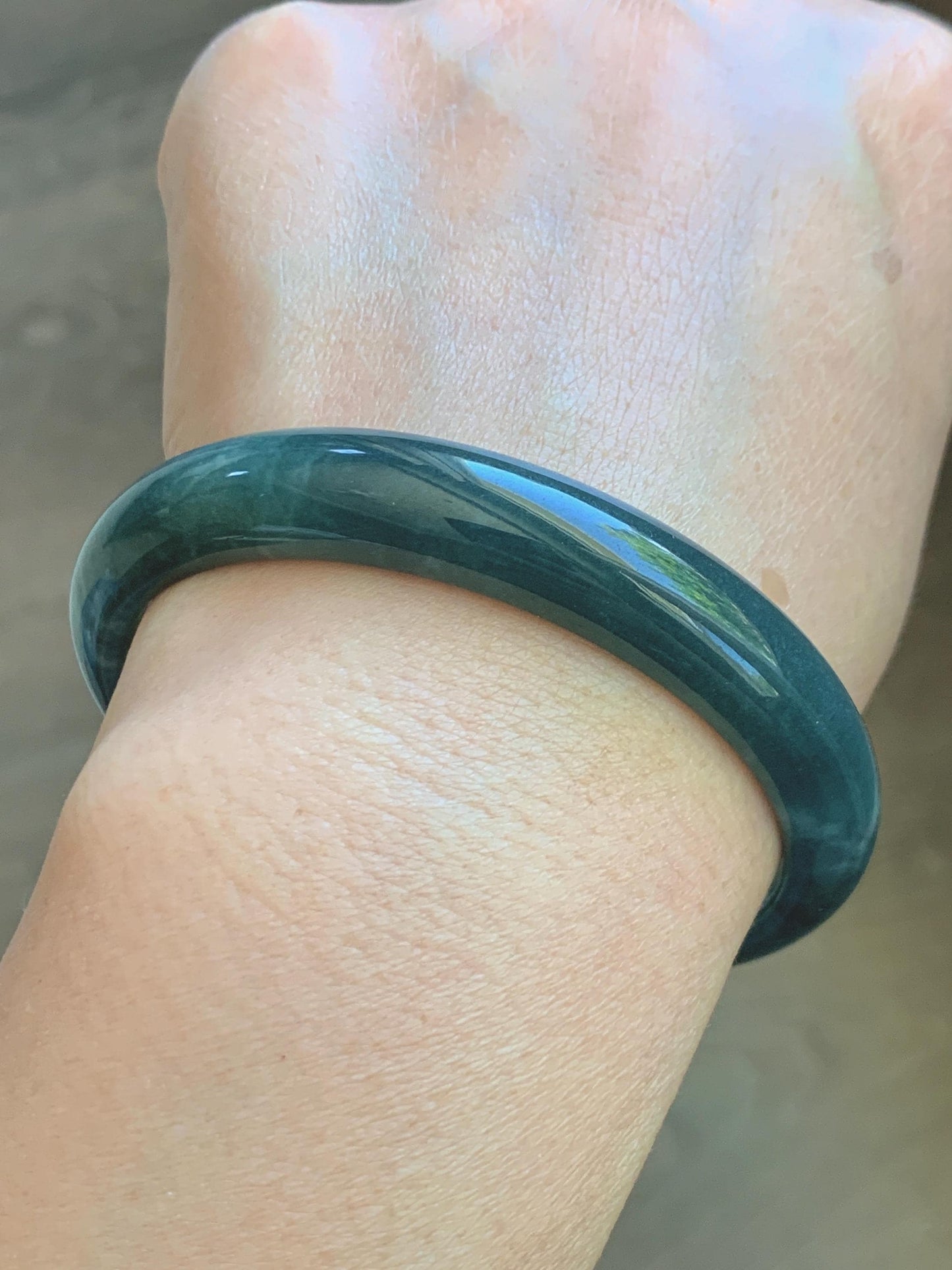 Certified Natural Grade A Guatemalan Icy Translucent Dark Teal Blue Jade Jadeite Wide Bangle 59.2mm 7.32” 43g 天然冰危蓝绿翡翠正圈宽版手镯 1223