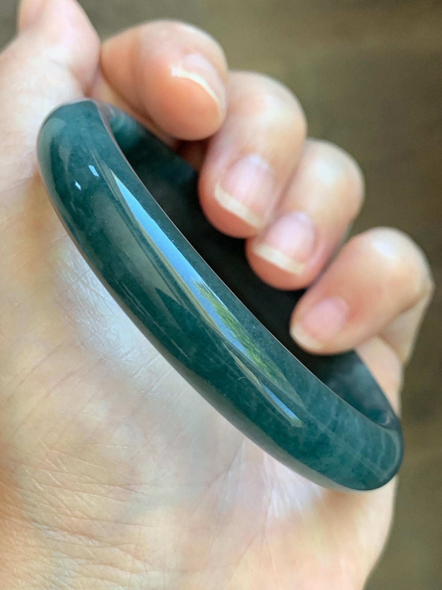 Certified Natural Grade A Guatemalan Icy Translucent Dark Teal Blue Jade Jadeite Wide Bangle 59.2mm 7.32” 43g 天然冰危蓝绿翡翠正圈宽版手镯 1223