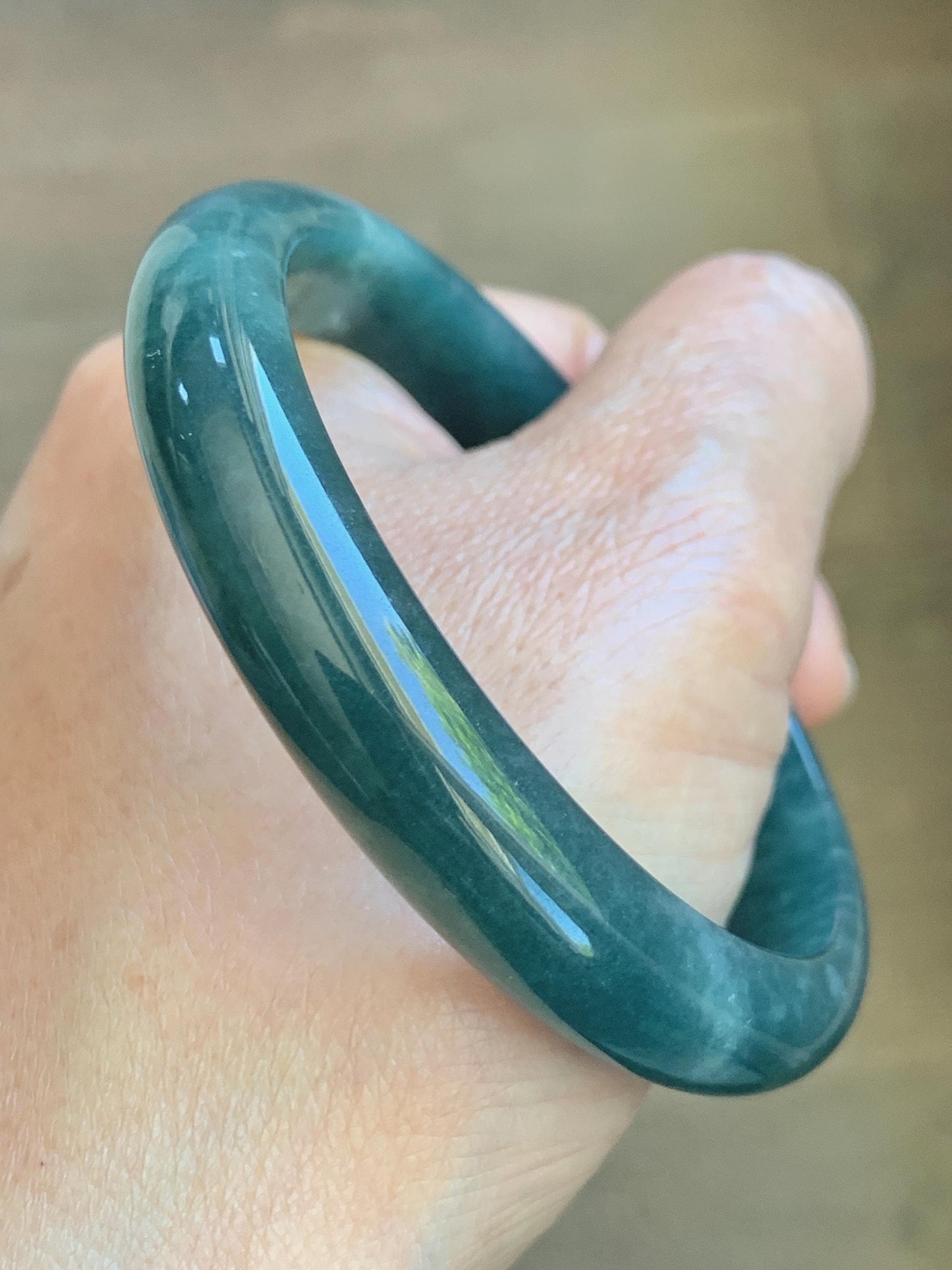 Certified Natural Grade A Guatemalan Icy Translucent Dark Teal Blue Jade Jadeite Wide Bangle 59.2mm 7.32” 43g 天然冰危蓝绿翡翠正圈宽版手镯 1223