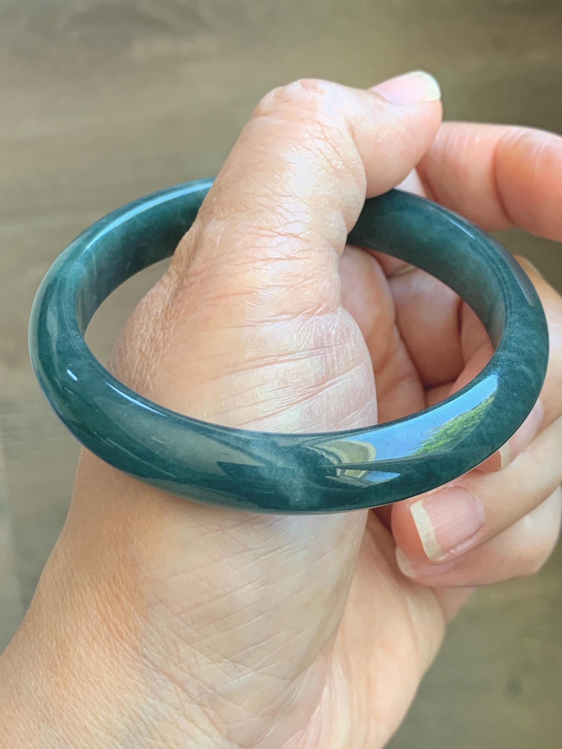 Certified Natural Grade A Guatemalan Icy Translucent Dark Teal Blue Jade Jadeite Wide Bangle 59.2mm 7.32” 43g 天然冰危蓝绿翡翠正圈宽版手镯 1223