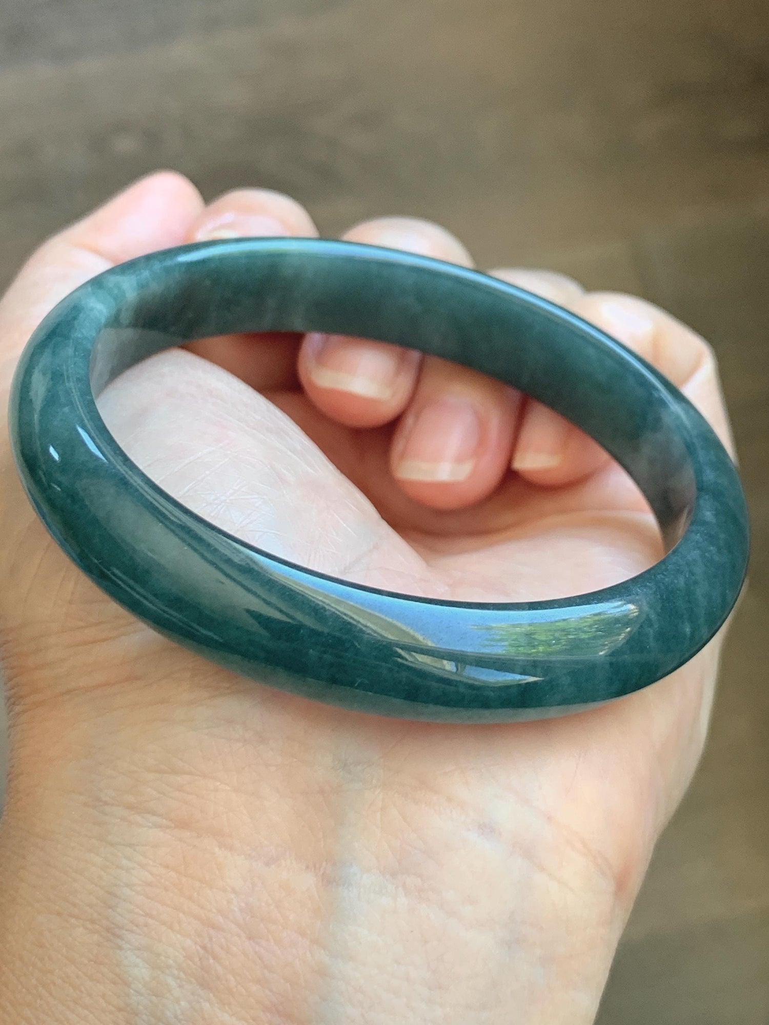 Certified Natural Grade A Guatemalan Icy Translucent Dark Teal Blue Jade Jadeite Wide Bangle 59.2mm 7.32” 43g 天然冰危蓝绿翡翠正圈宽版手镯 1223