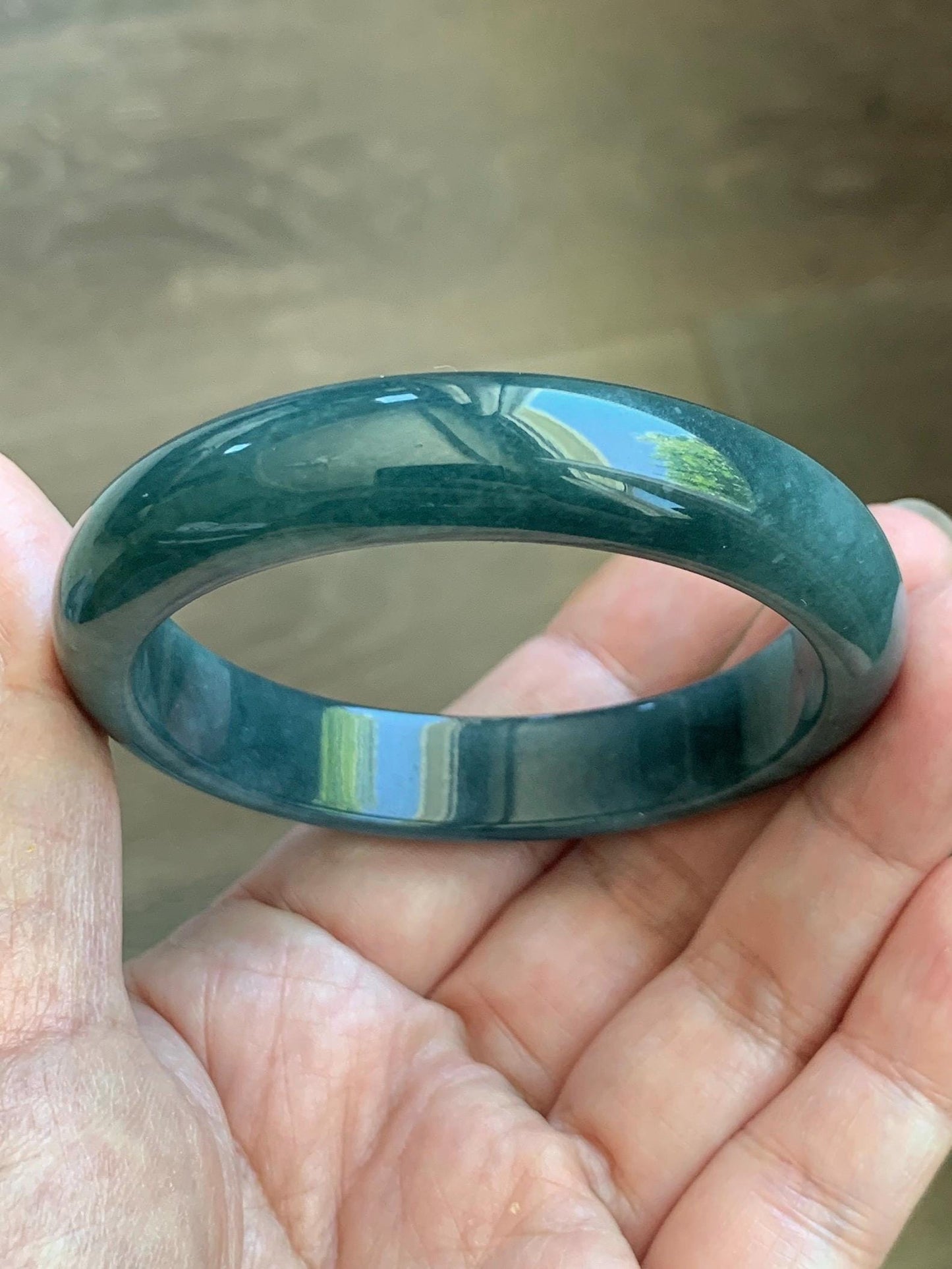 Certified Natural Grade A Guatemalan Icy Translucent Dark Teal Blue Jade Jadeite Wide Bangle 53.62mm 6.63” 43g 天然冰危蓝绿翡翠正圈宽版手镯 1224
