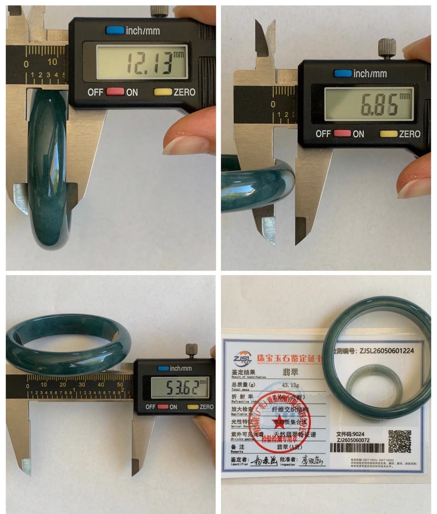 Certified Natural Grade A Guatemalan Icy Translucent Dark Teal Blue Jade Jadeite Wide Bangle 53.62mm 6.63” 43g 天然冰危蓝绿翡翠正圈宽版手镯 1224