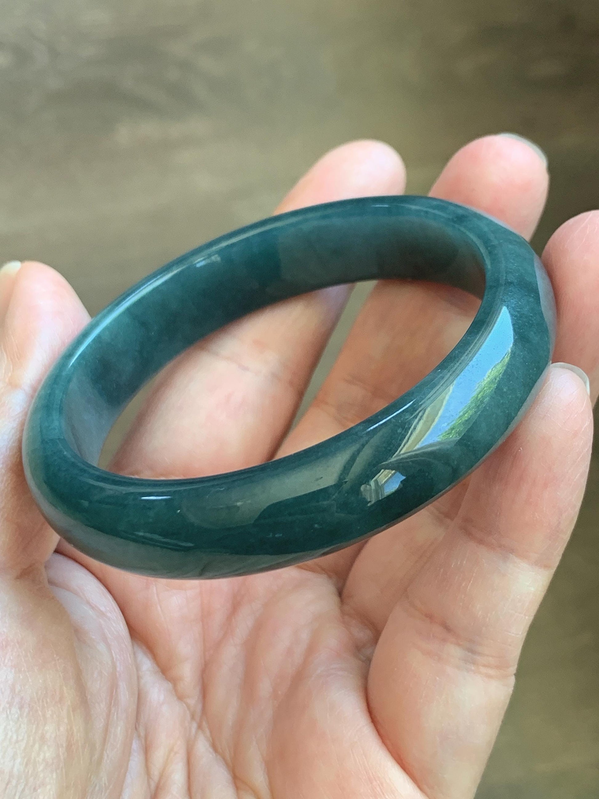 Certified Natural Grade A Guatemalan Icy Translucent Dark Teal Blue Jade Jadeite Wide Bangle 53.62mm 6.63” 43g 天然冰危蓝绿翡翠正圈宽版手镯 1224