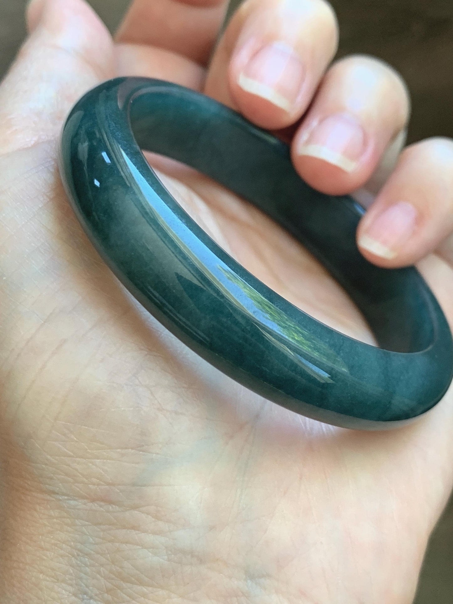 Certified Natural Grade A Guatemalan Icy Translucent Dark Teal Blue Jade Jadeite Wide Bangle 53.62mm 6.63” 43g 天然冰危蓝绿翡翠正圈宽版手镯 1224