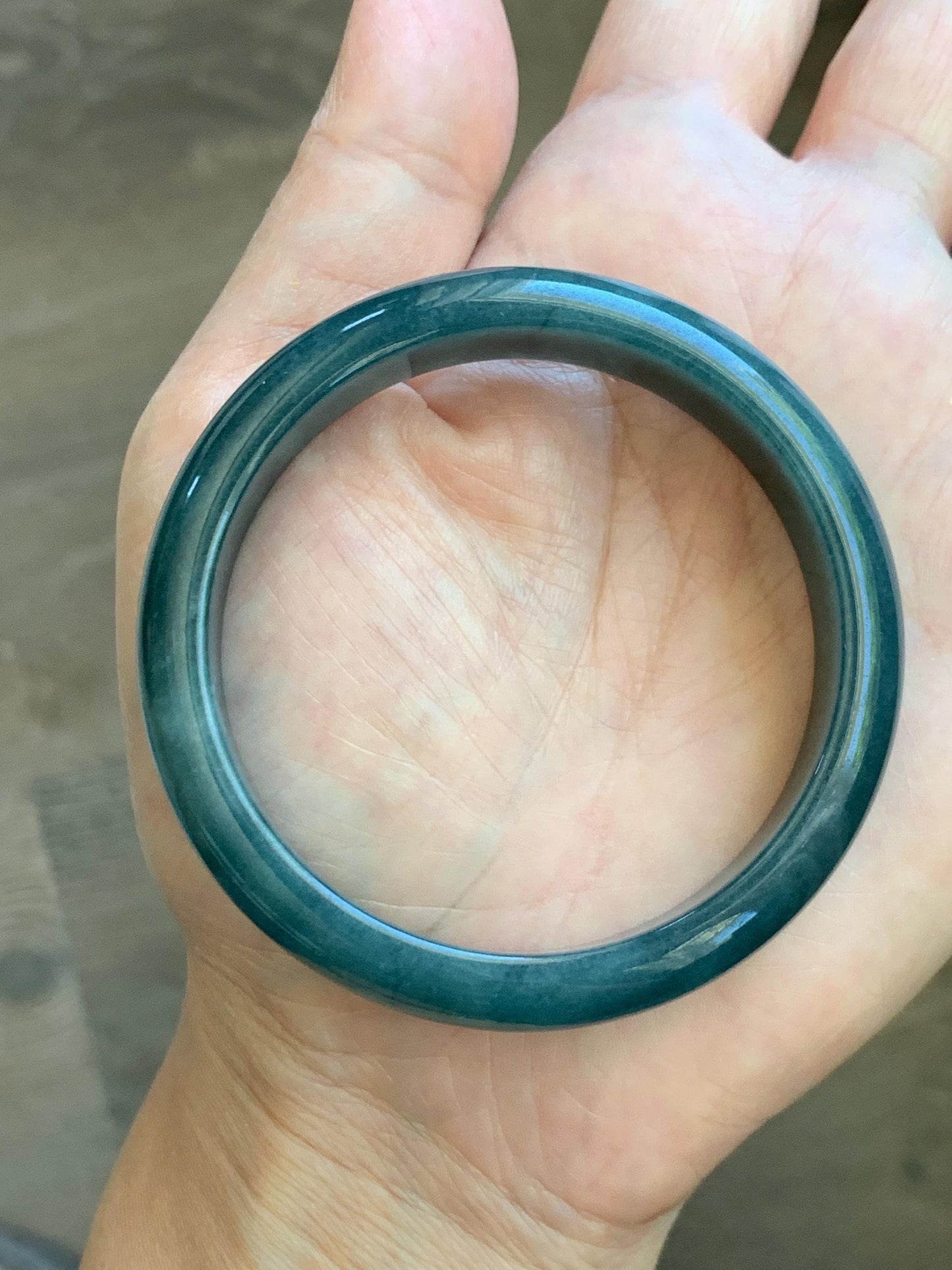 Certified Natural Grade A Guatemalan Icy Translucent Dark Teal Blue Jade Jadeite Wide Bangle 53.62mm 6.63” 43g 天然冰危蓝绿翡翠正圈宽版手镯 1224