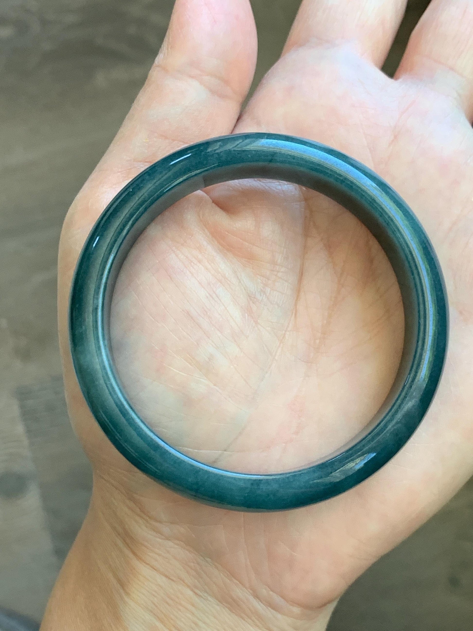 Certified Natural Grade A Guatemalan Icy Translucent Dark Teal Blue Jade Jadeite Wide Bangle 53.62mm 6.63” 43g 天然冰危蓝绿翡翠正圈宽版手镯 1224