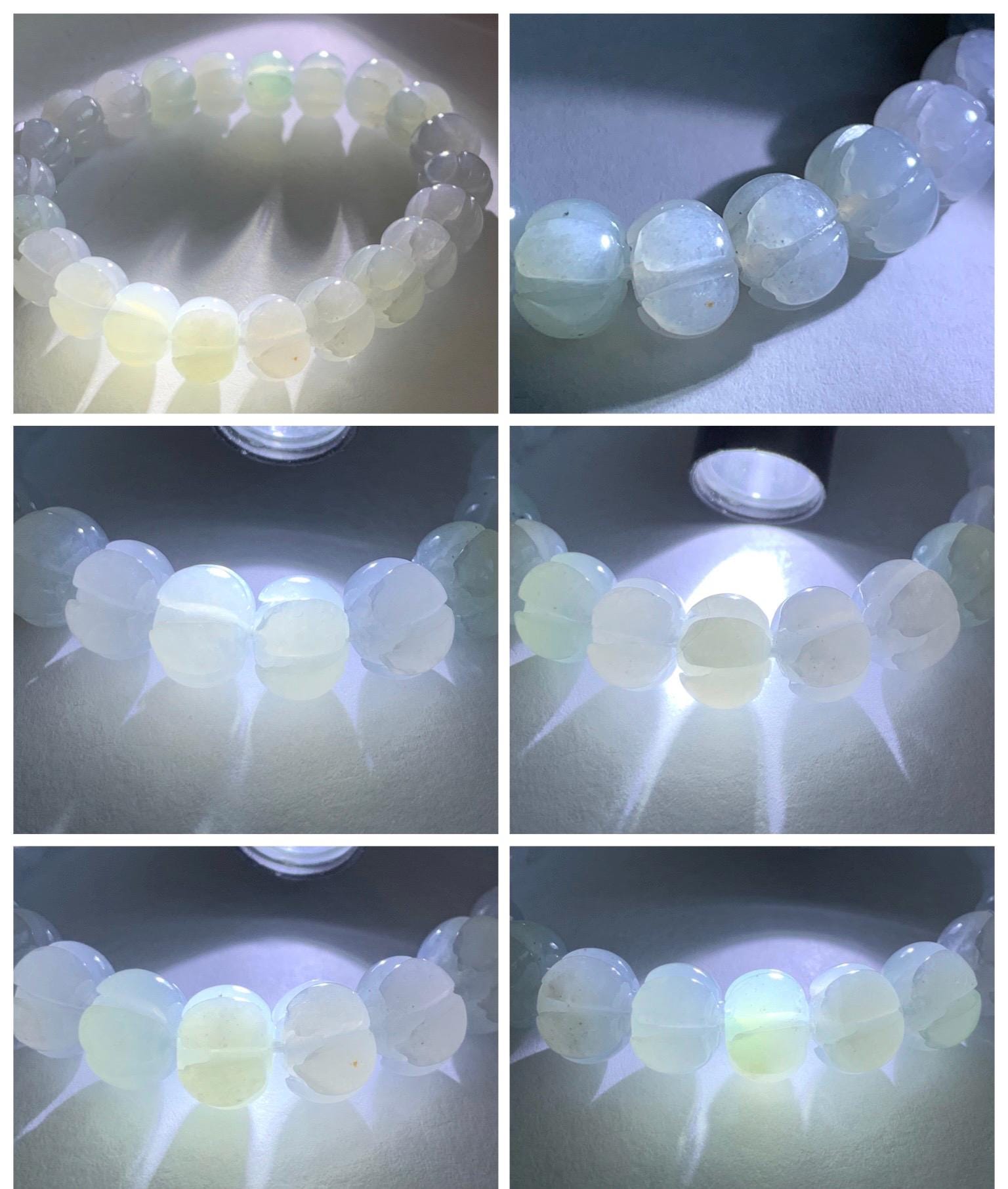 Certified Natural Grade A Icy Translucent Jade Jadeite Carved Lotus Flower Beads Beaded Bracelet 6.75” 34g 天然冰胶底色翡翠莲花珠手串 1106