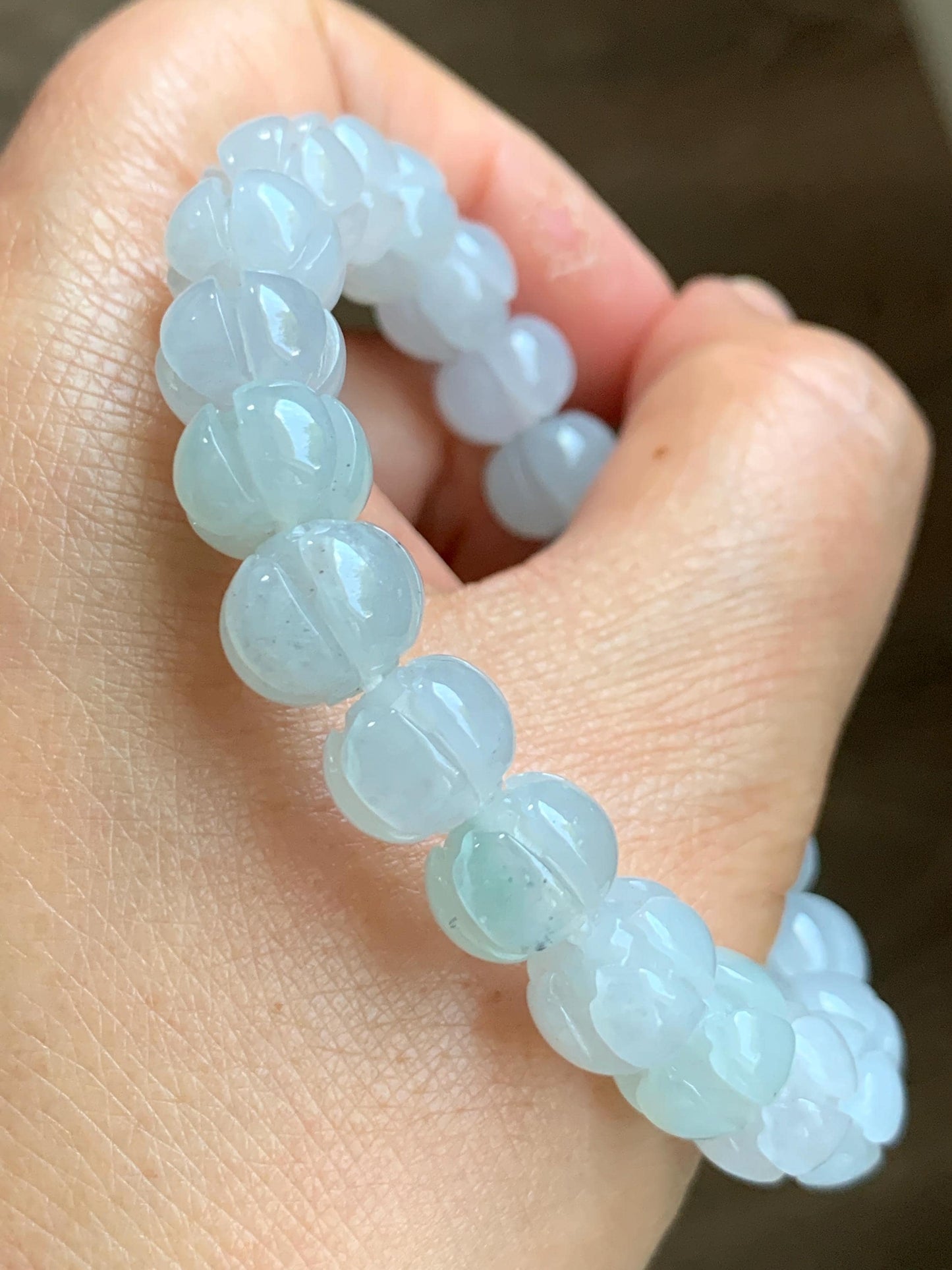 Certified Natural Grade A Icy Translucent Jade Jadeite Carved Lotus Flower Beads Beaded Bracelet 6.75” 34g 天然冰胶底色翡翠莲花珠手串 1106