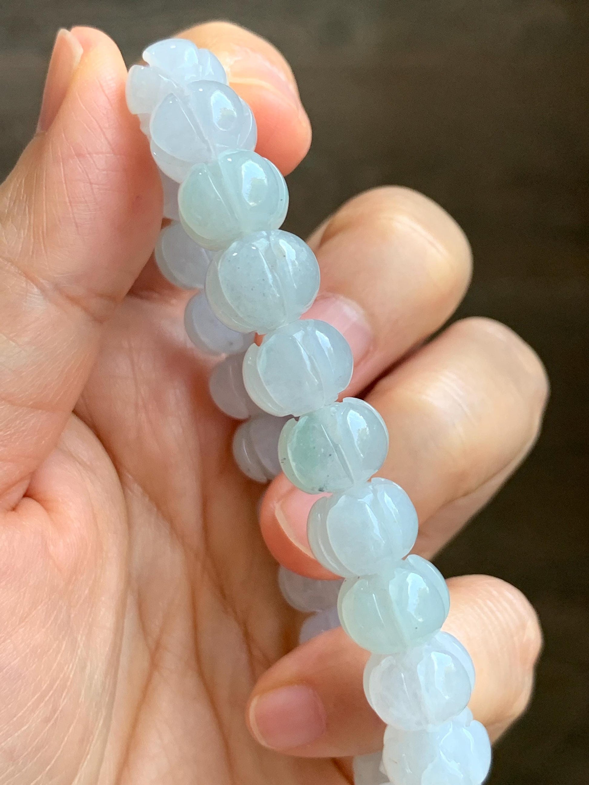 Certified Natural Grade A Icy Translucent Jade Jadeite Carved Lotus Flower Beads Beaded Bracelet 6.75” 34g 天然冰胶底色翡翠莲花珠手串 1106