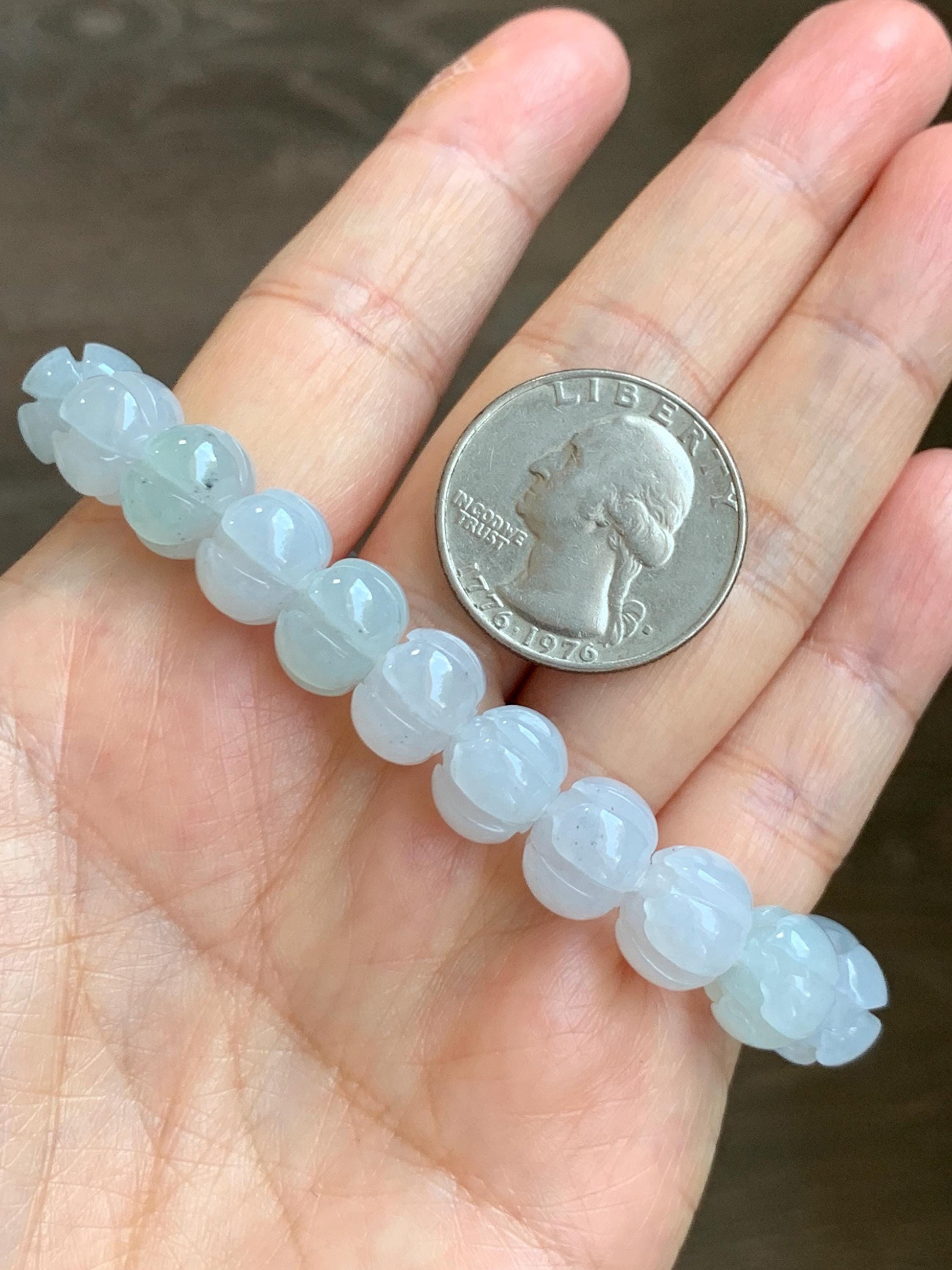 Certified Natural Grade A Icy Translucent Jade Jadeite Carved Lotus Flower Beads Beaded Bracelet 6.75” 34g 天然冰胶底色翡翠莲花珠手串 1106
