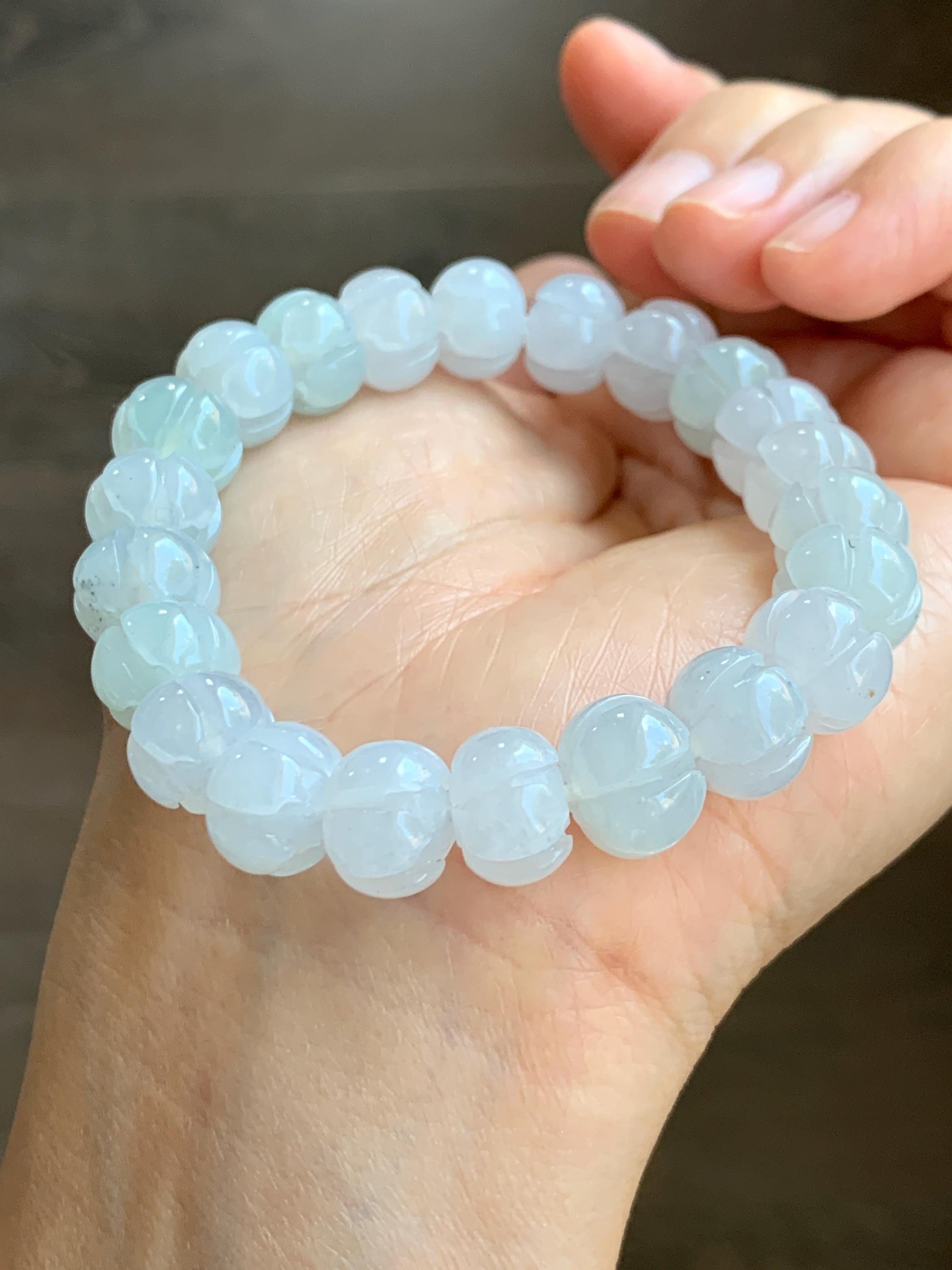 Certified Natural Grade A Icy Translucent Jade Jadeite Carved Lotus Flower Beads Beaded Bracelet 6.75” 34g 天然冰胶底色翡翠莲花珠手串 1106