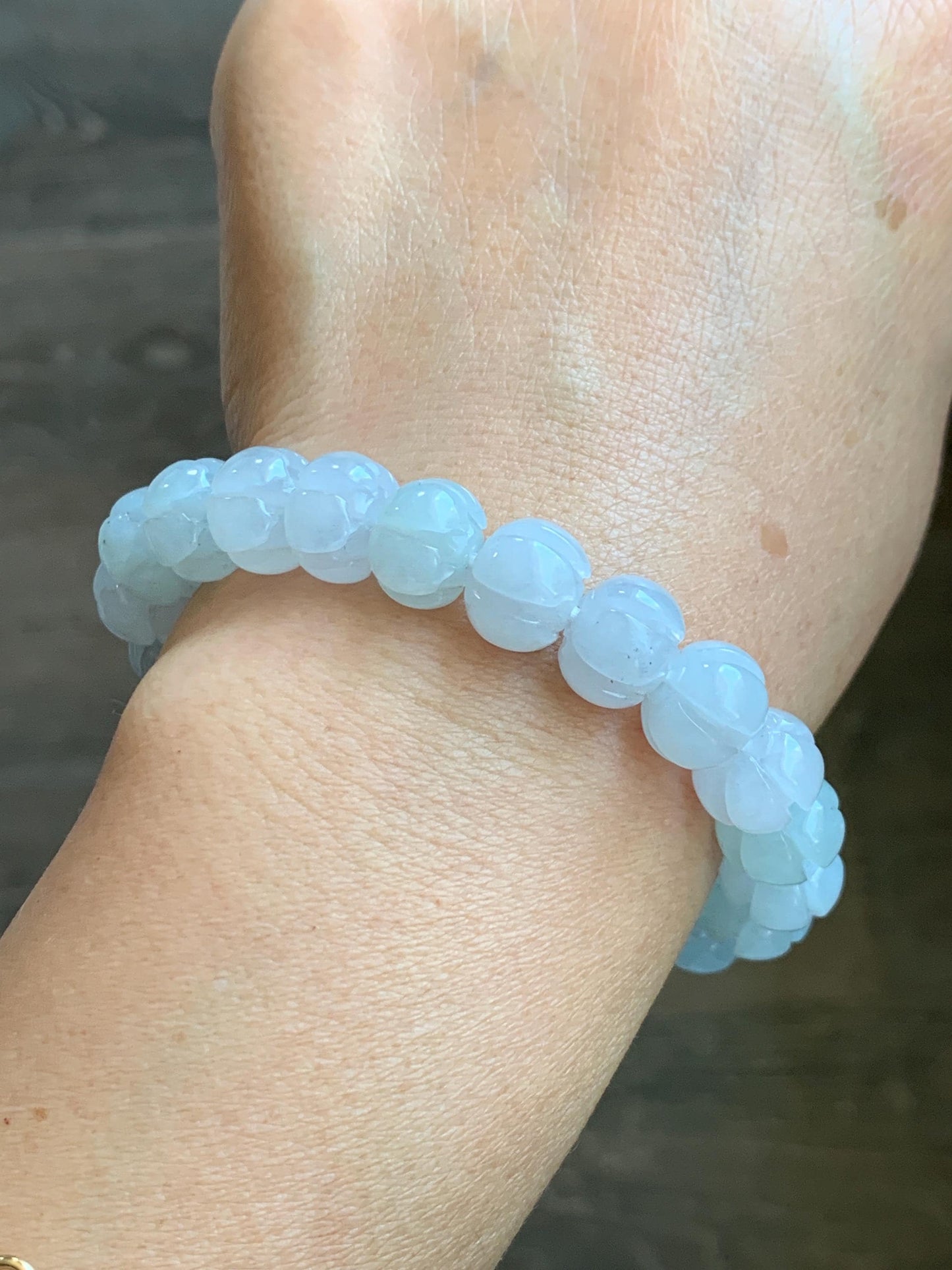 Certified Natural Grade A Icy Translucent Jade Jadeite Carved Lotus Flower Beads Beaded Bracelet 6.75” 34g 天然冰胶底色翡翠莲花珠手串 1106