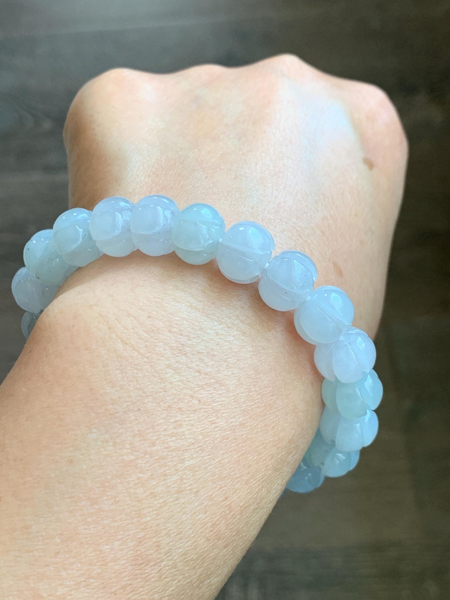 Certified Natural Grade A Icy Translucent Jade Jadeite Carved Lotus Flower Beads Beaded Bracelet 6.75” 34g 天然冰胶底色翡翠莲花珠手串 1106