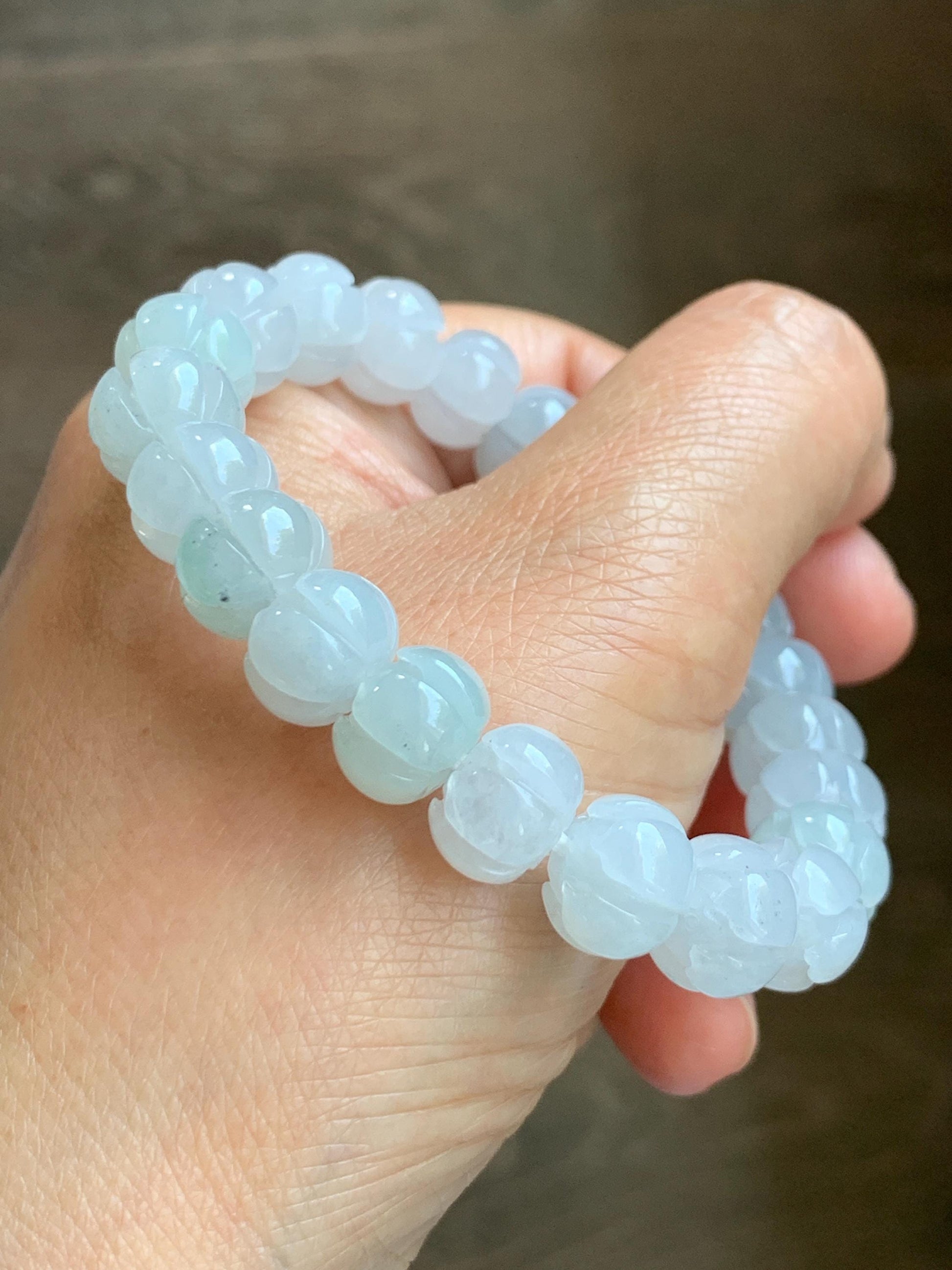 Certified Natural Grade A Icy Translucent Jade Jadeite Carved Lotus Flower Beads Beaded Bracelet 6.75” 34g 天然冰胶底色翡翠莲花珠手串 1106
