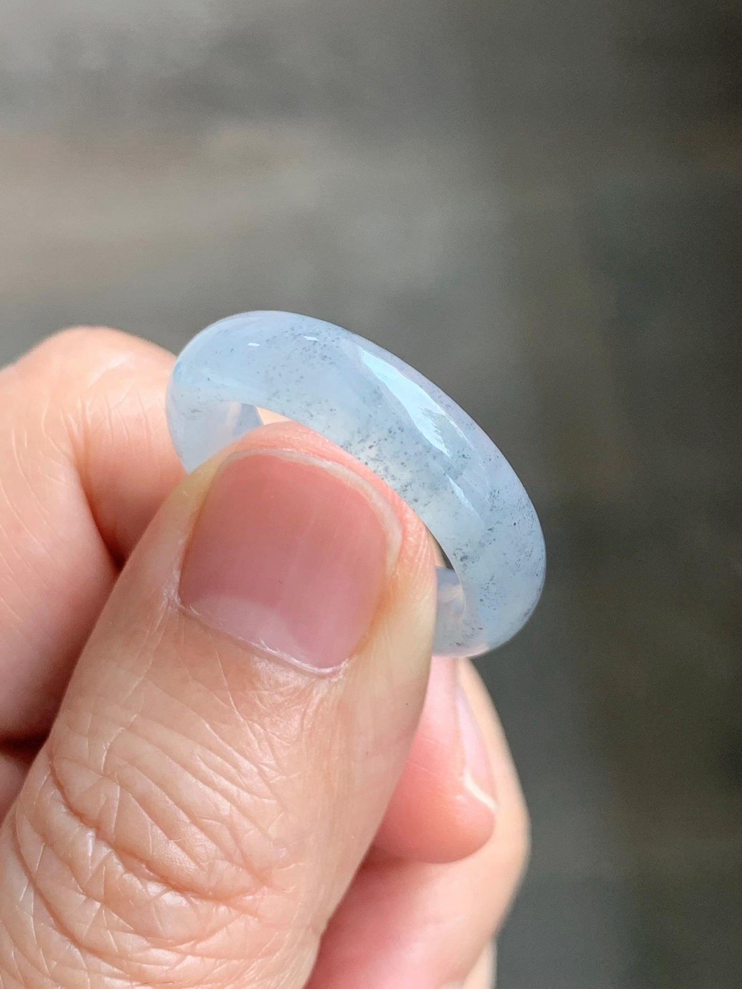 Certified Natural Grade A Icy Translucent Light Gray Wuji Jade Jadeite Jieyang Band Ring Comfort Fit Size 7.75 US 4.37g 天然冰胶起光淡乌鸡翡翠揭阳工戒圈 255