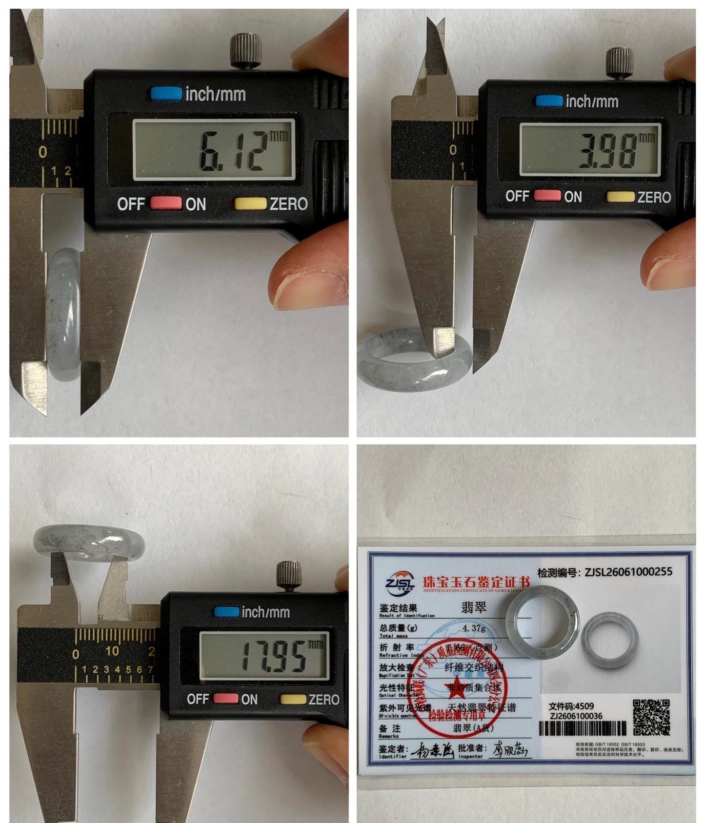 Certified Natural Grade A Icy Translucent Light Gray Wuji Jade Jadeite Jieyang Band Ring Comfort Fit Size 7.75 US 4.37g 天然冰胶起光淡乌鸡翡翠揭阳工戒圈 255