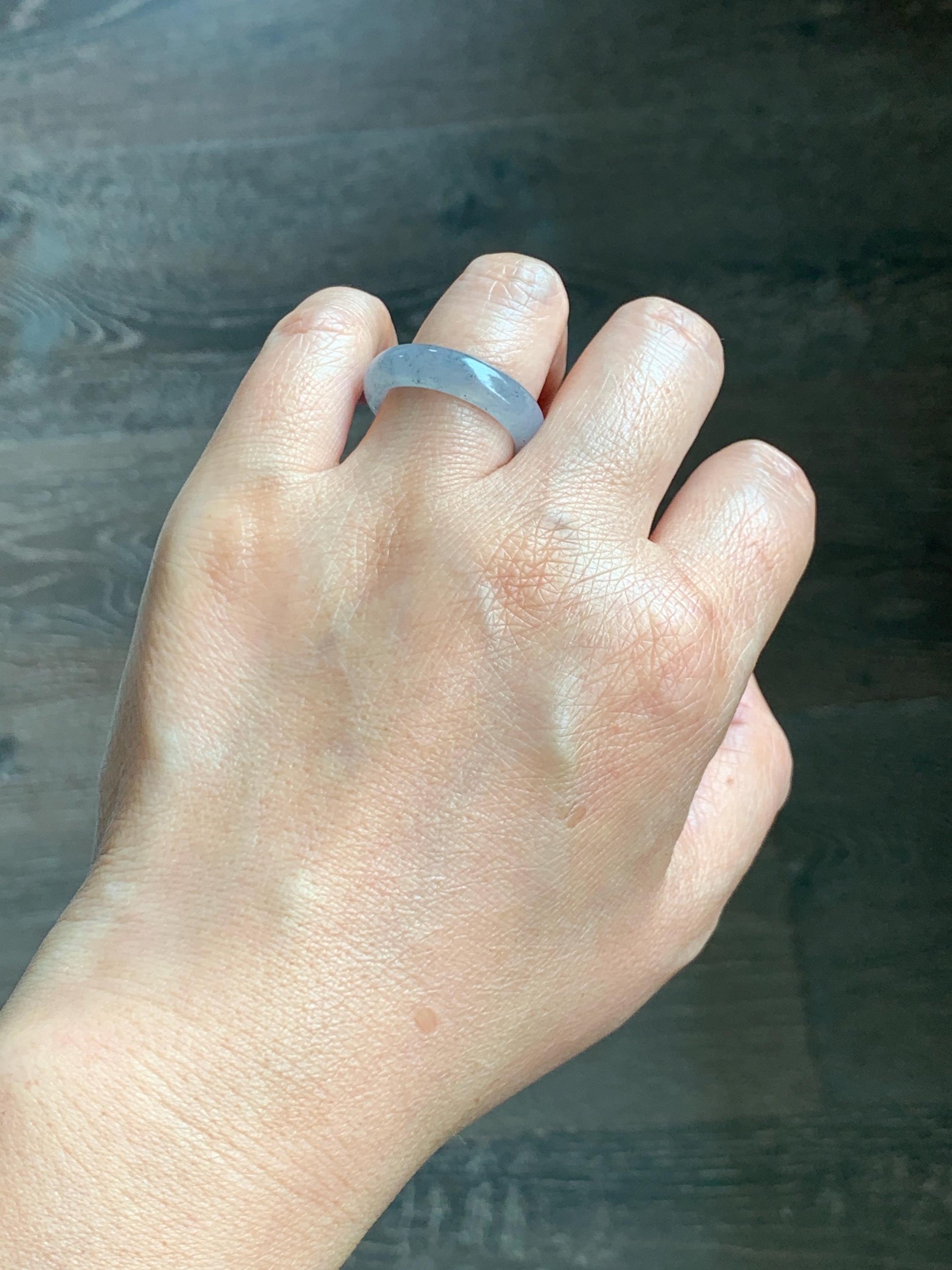 Certified Natural Grade A Icy Translucent Light Gray Wuji Jade Jadeite Jieyang Band Ring Comfort Fit Size 7.75 US 4.37g 天然冰胶起光淡乌鸡翡翠揭阳工戒圈 255