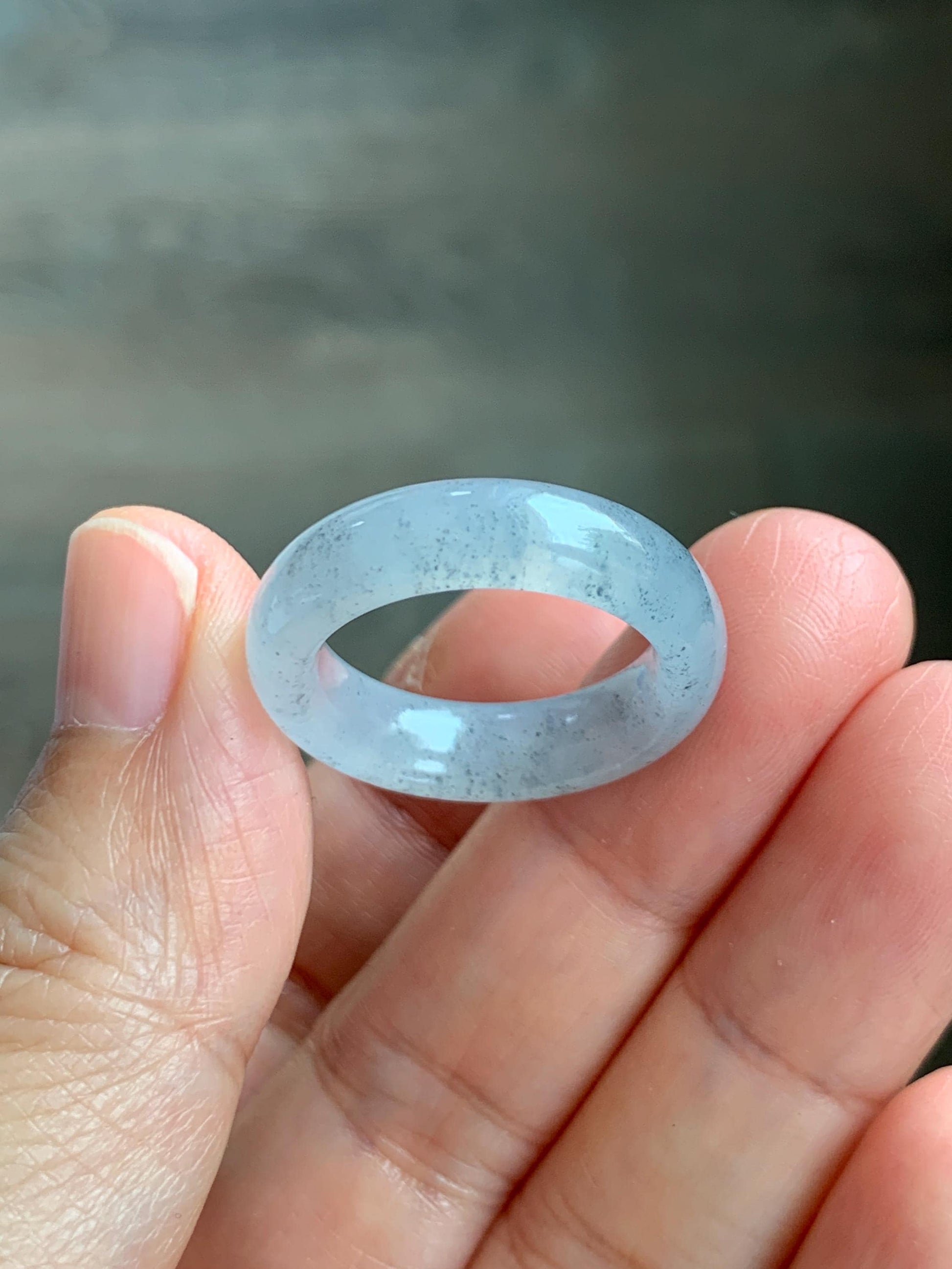 Certified Natural Grade A Icy Translucent Light Gray Wuji Jade Jadeite Jieyang Band Ring Comfort Fit Size 7.75 US 4.37g 天然冰胶起光淡乌鸡翡翠揭阳工戒圈 255