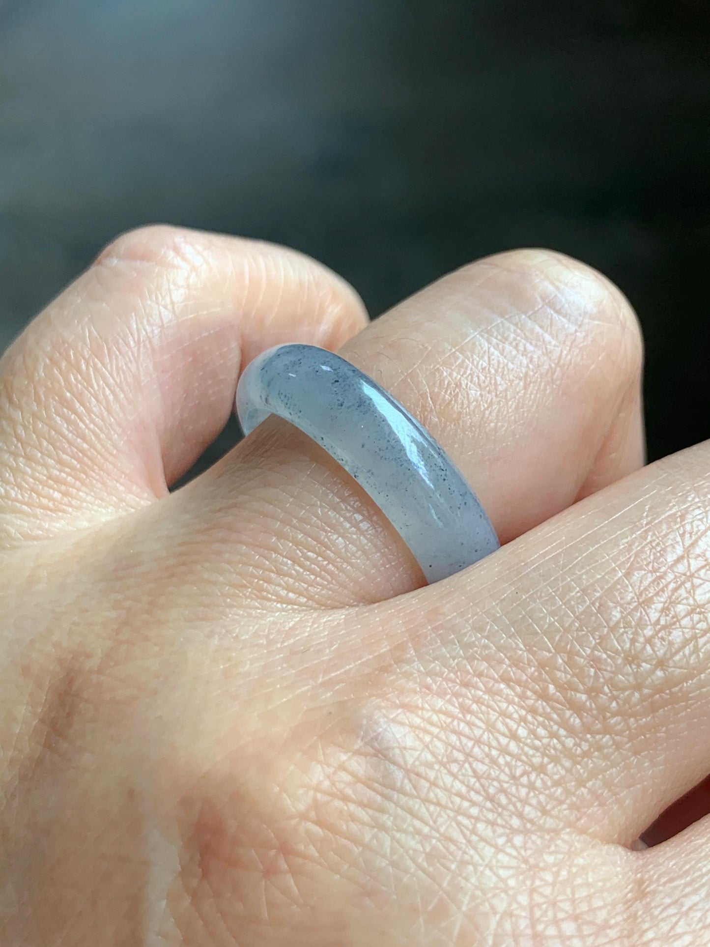 Certified Natural Grade A Icy Translucent Light Gray Wuji Jade Jadeite Jieyang Band Ring Comfort Fit Size 7.75 US 4.37g 天然冰胶起光淡乌鸡翡翠揭阳工戒圈 255