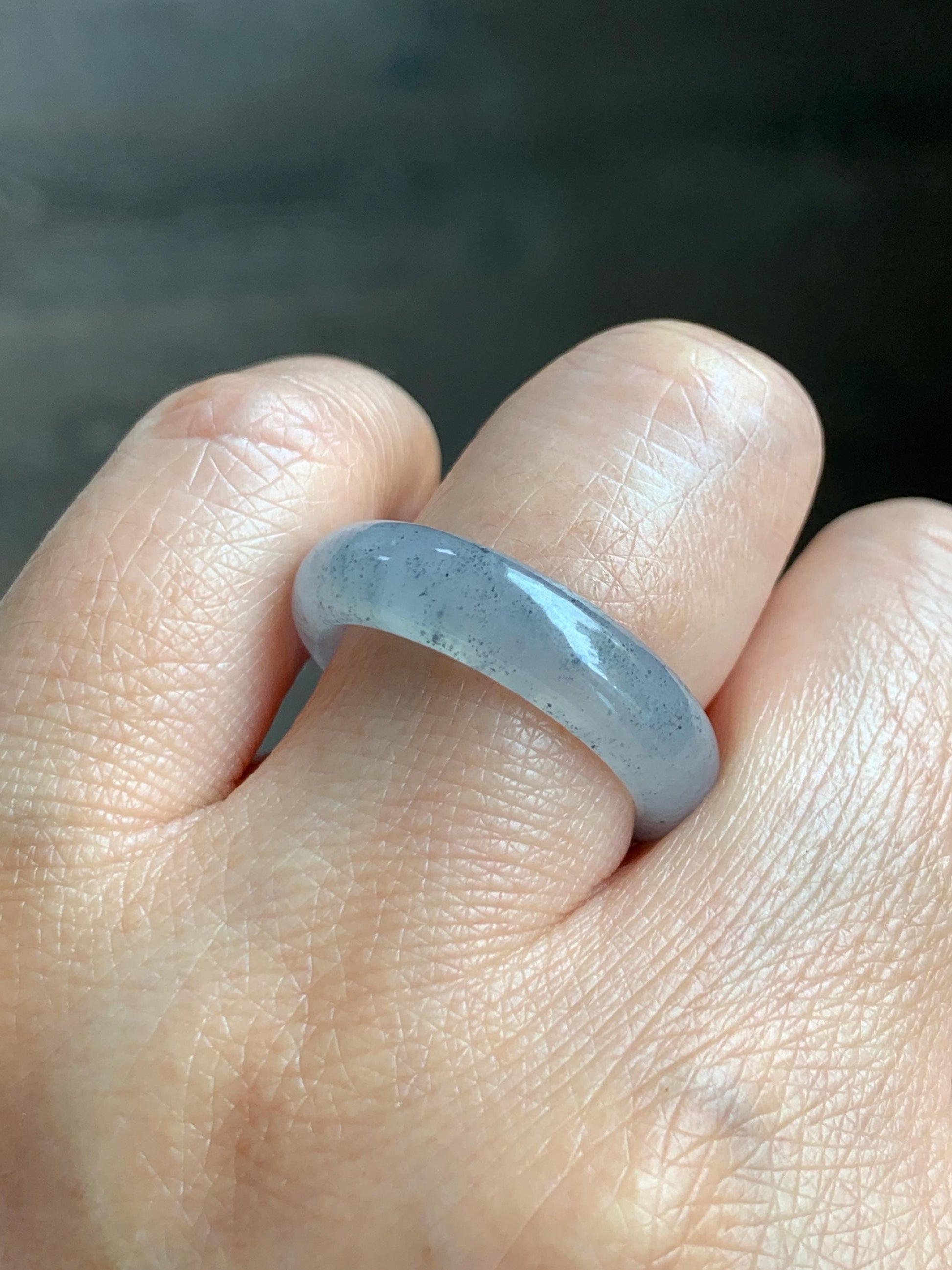 Certified Natural Grade A Icy Translucent Light Gray Wuji Jade Jadeite Jieyang Band Ring Comfort Fit Size 7.75 US 4.37g 天然冰胶起光淡乌鸡翡翠揭阳工戒圈 255