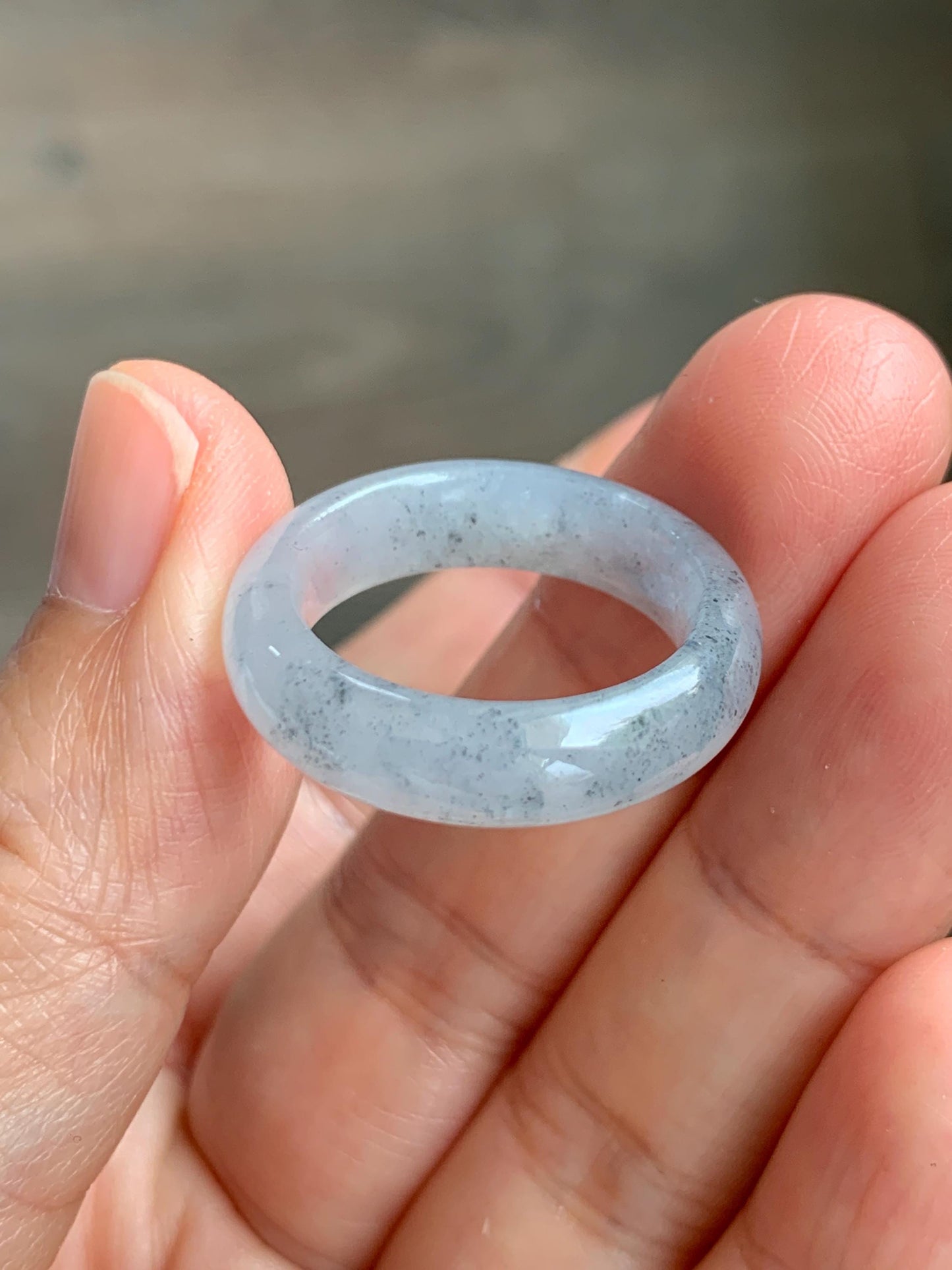 Certified Natural Grade A Icy Translucent Light Gray Wuji Jade Jadeite Jieyang Band Ring Comfort Fit Size 7.75 US 4.37g 天然冰胶起光淡乌鸡翡翠揭阳工戒圈 255