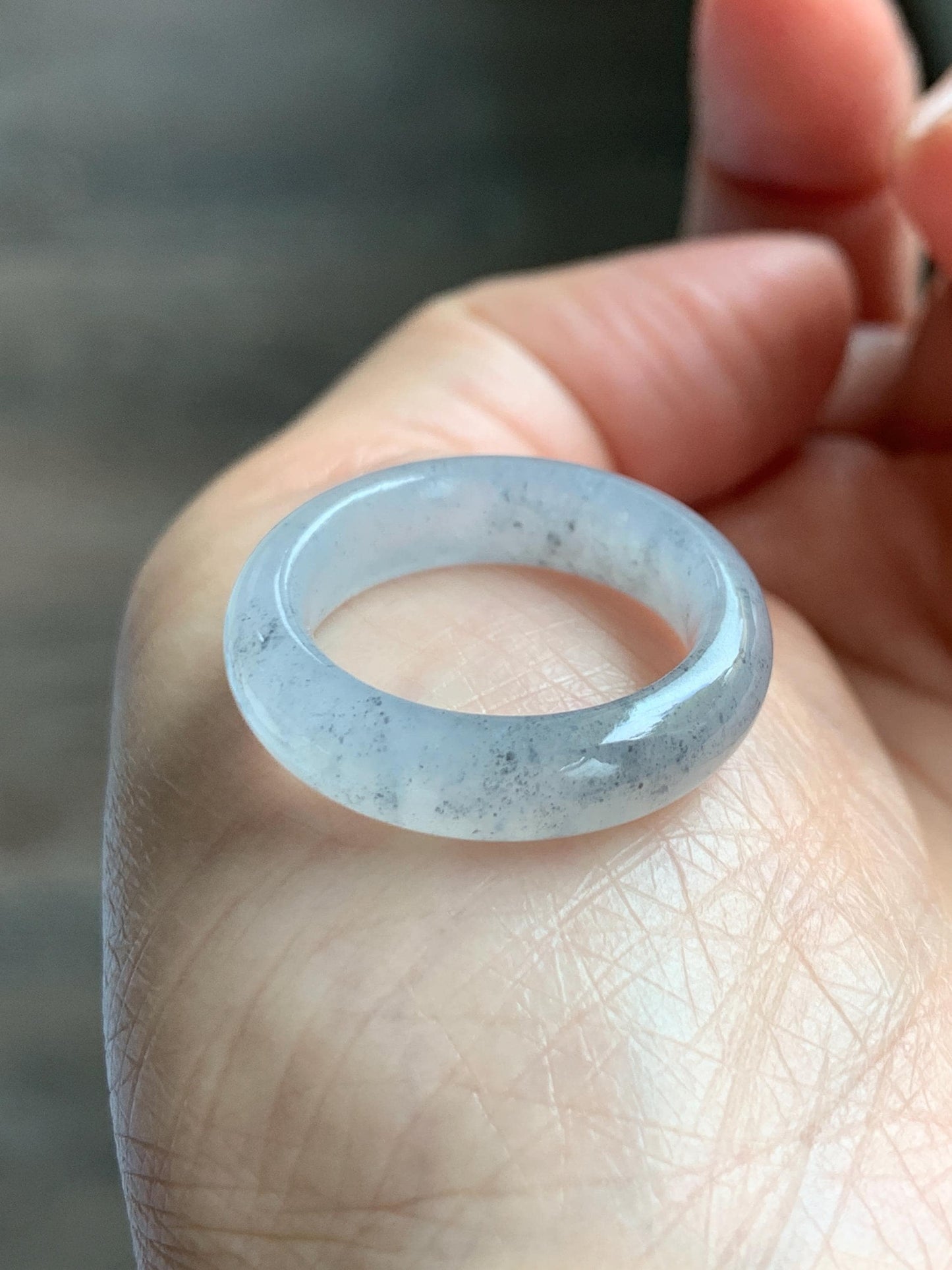 Certified Natural Grade A Icy Translucent Light Gray Wuji Jade Jadeite Jieyang Band Ring Comfort Fit Size 7.75 US 4.37g 天然冰胶起光淡乌鸡翡翠揭阳工戒圈 255