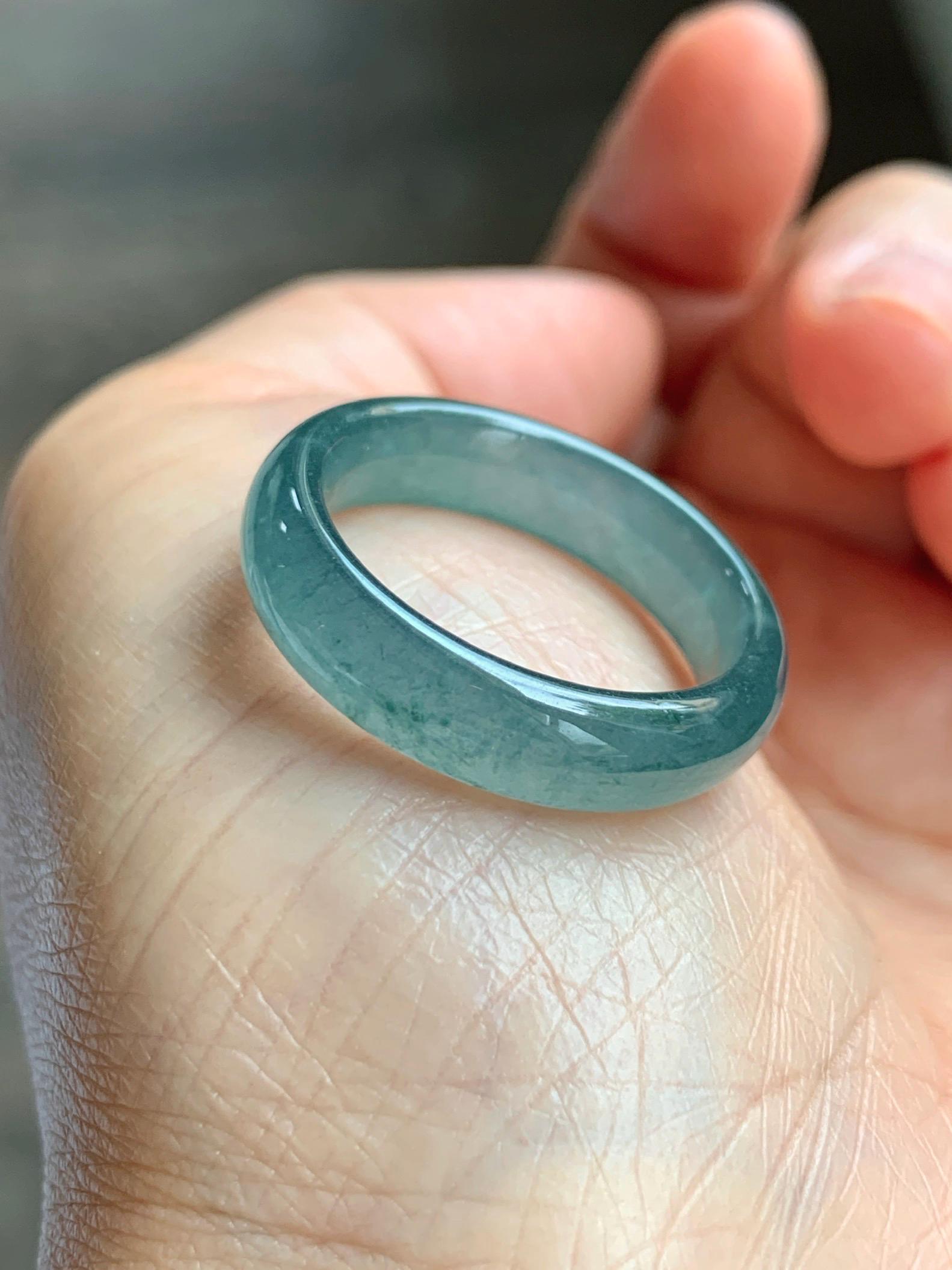 Natural Guatemalan Grade A Icy Translucent Teal Blue Jade Jadeite Jieyang Band Ring Comfort Fit Size 9.75 US 4g 天然冰胶危蓝翡翠揭阳工戒圈 WJQ220B