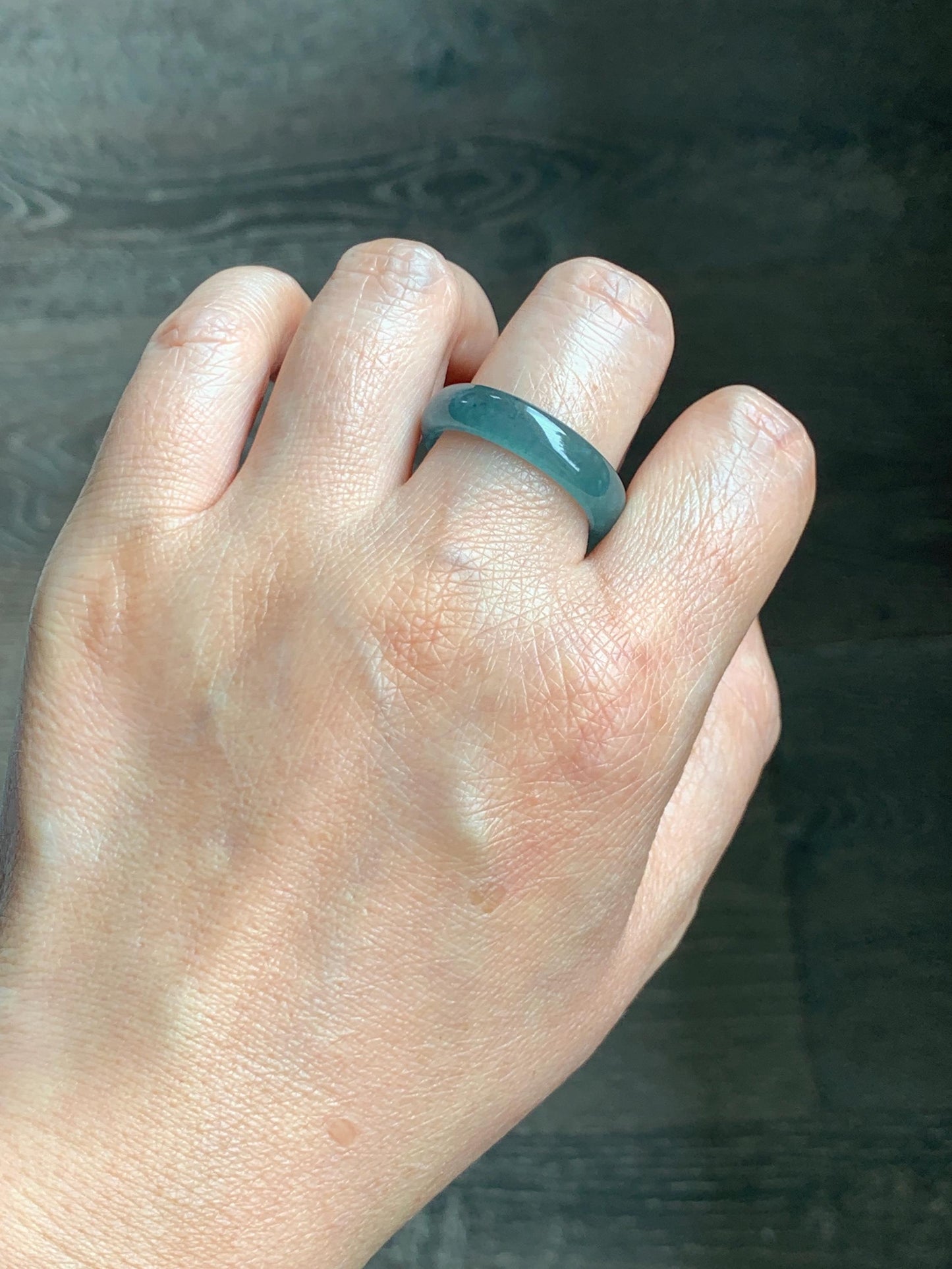 Natural Guatemalan Grade A Icy Translucent Teal Blue Jade Jadeite Jieyang Band Ring Comfort Fit Size 9.75 US 4g 天然冰胶危蓝翡翠揭阳工戒圈 WJQ220B