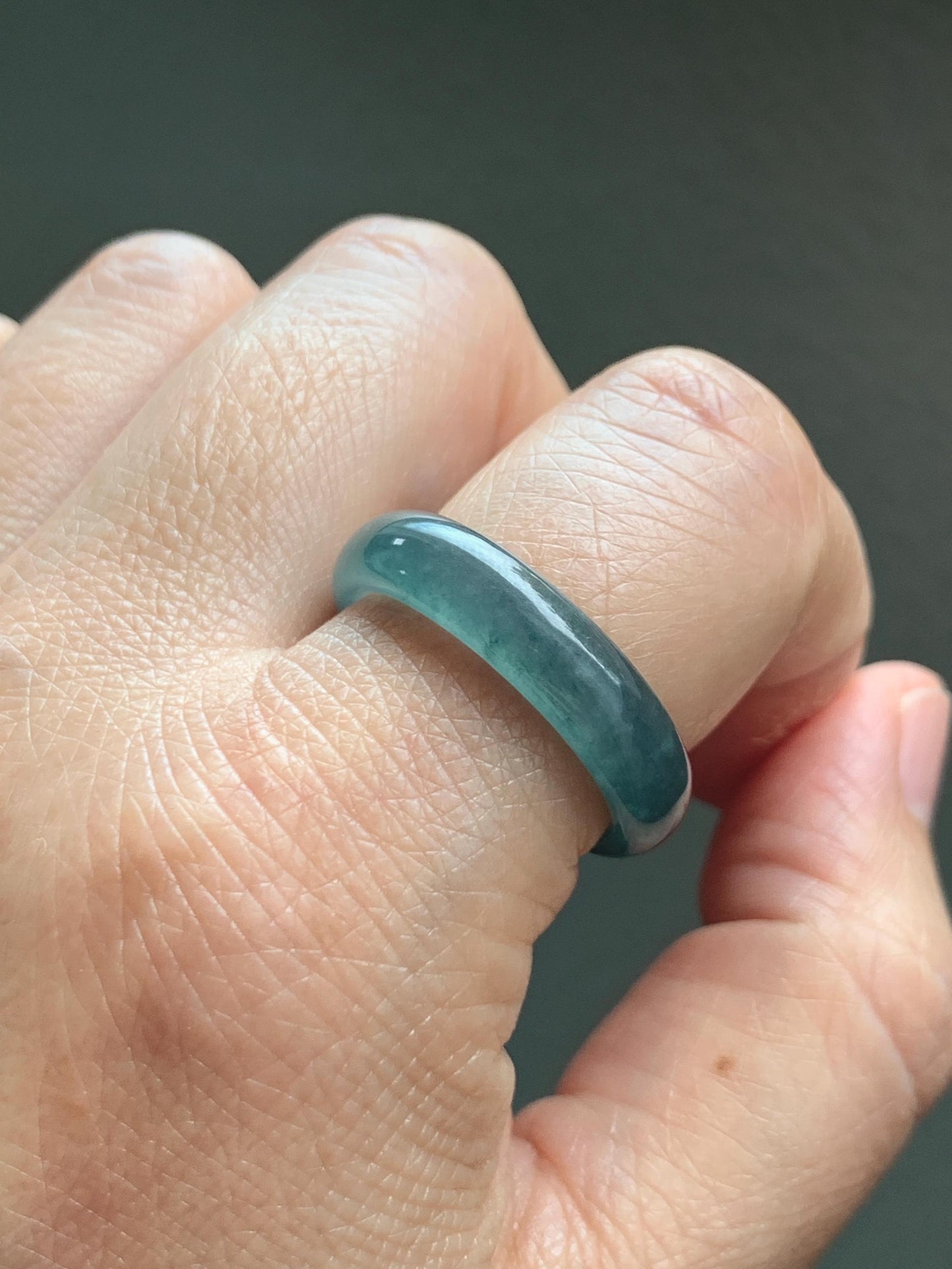 Natural Guatemalan Grade A Icy Translucent Teal Blue Jade Jadeite Jieyang Band Ring Comfort Fit Size 9.75 US 4g 天然冰胶危蓝翡翠揭阳工戒圈 WJQ220B