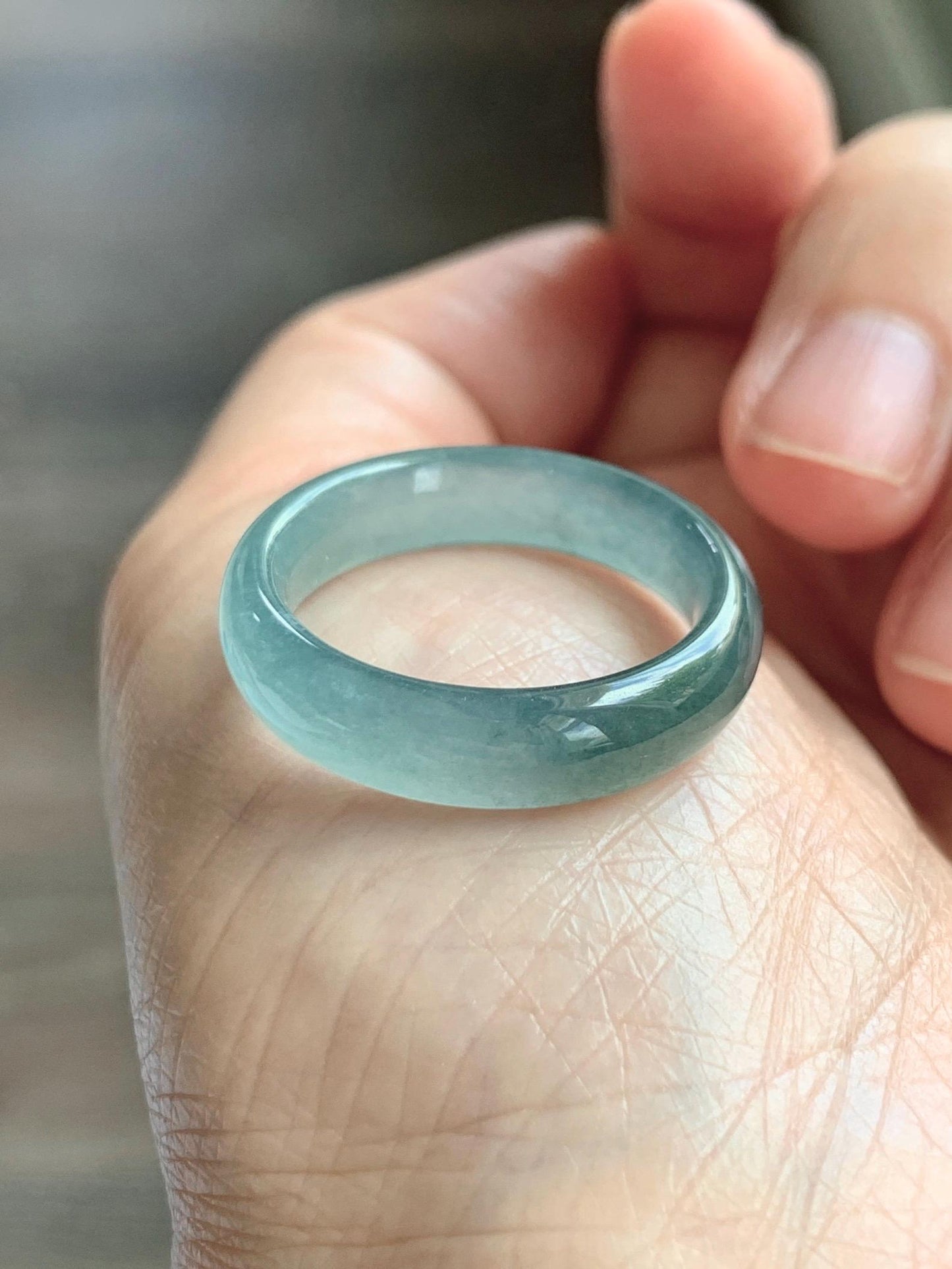 Natural Guatemalan Grade A Icy Translucent Teal Blue Jade Jadeite Jieyang Band Ring Comfort Fit Size 9.75 US 3g 天然冰胶危蓝翡翠揭阳工戒圈 WJQ220A