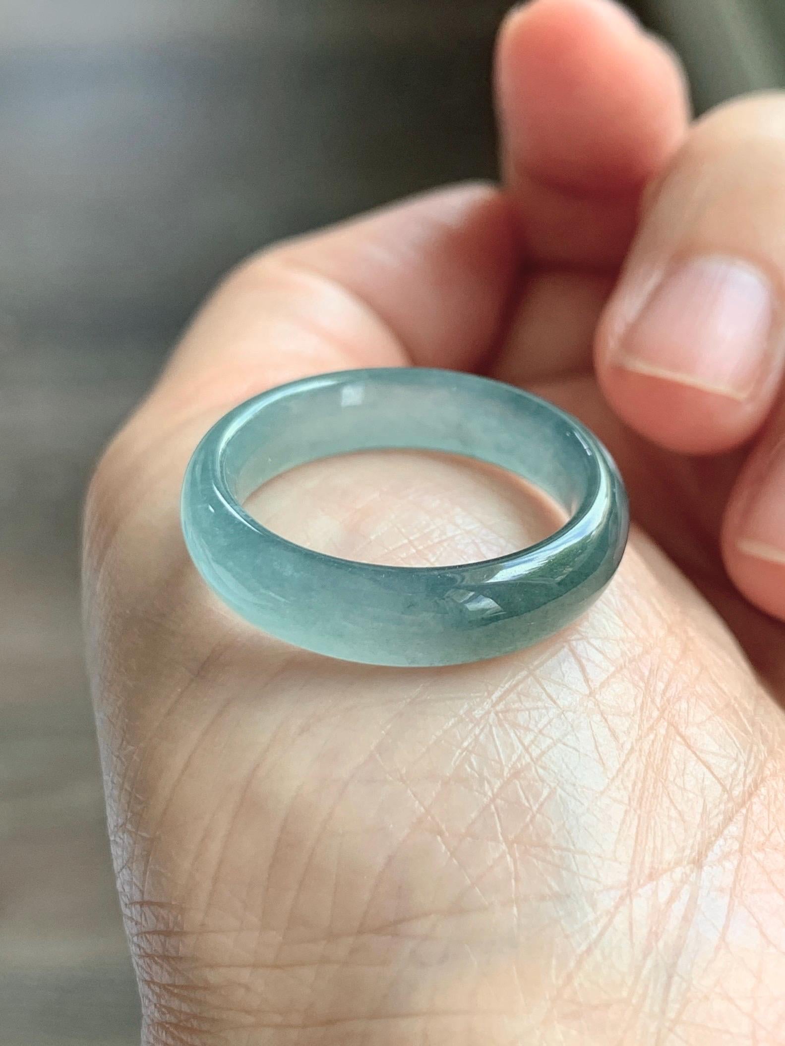Natural Guatemalan Grade A Icy Translucent Teal Blue Jade Jadeite Jieyang Band Ring Comfort Fit Size 9.75 US 3g 天然冰胶危蓝翡翠揭阳工戒圈 WJQ220A