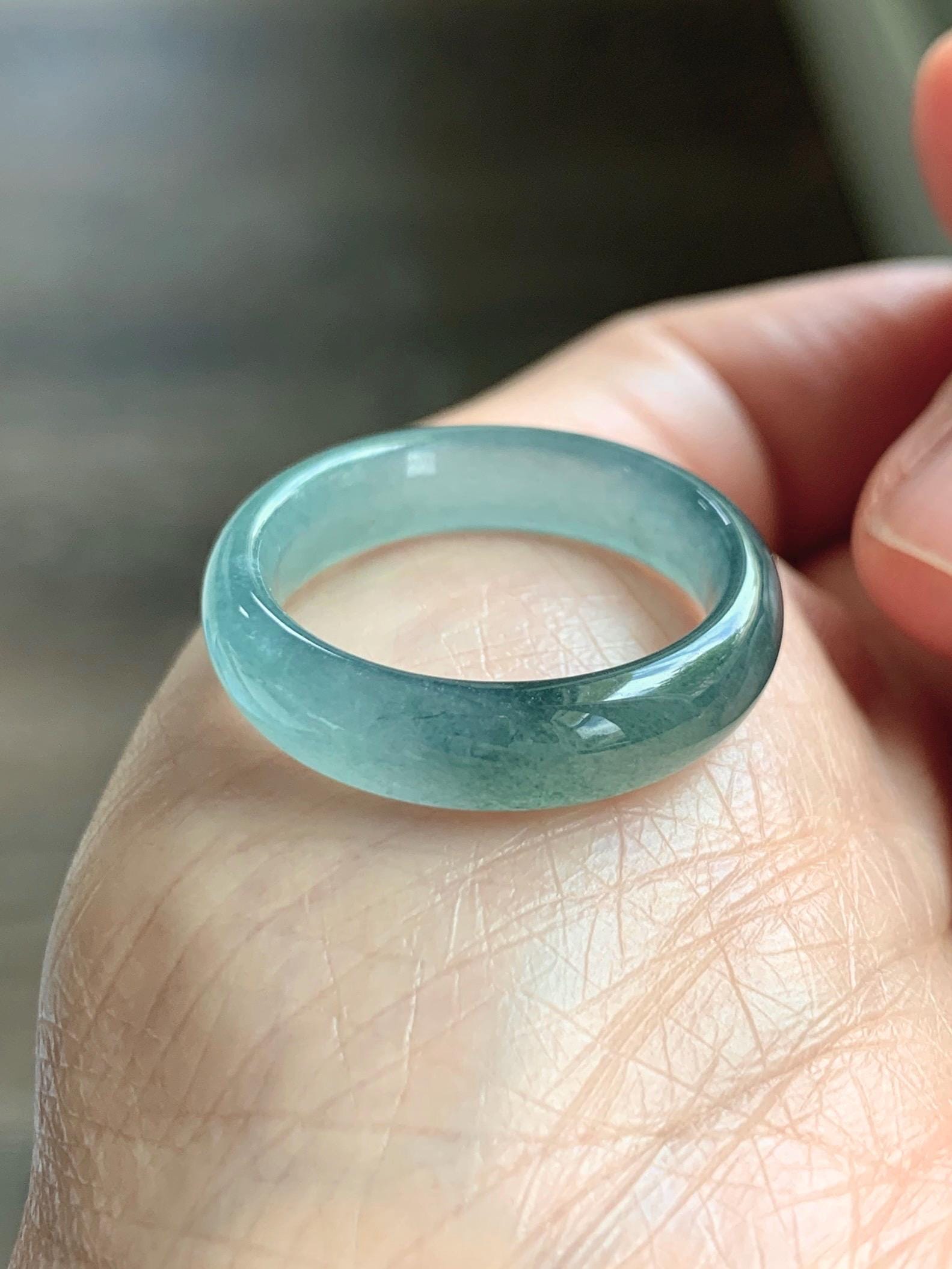 Natural Guatemalan Grade A Icy Translucent Teal Blue Jade Jadeite Jieyang Band Ring Comfort Fit Size 9.75 US 3g 天然冰胶危蓝翡翠揭阳工戒圈 WJQ220A