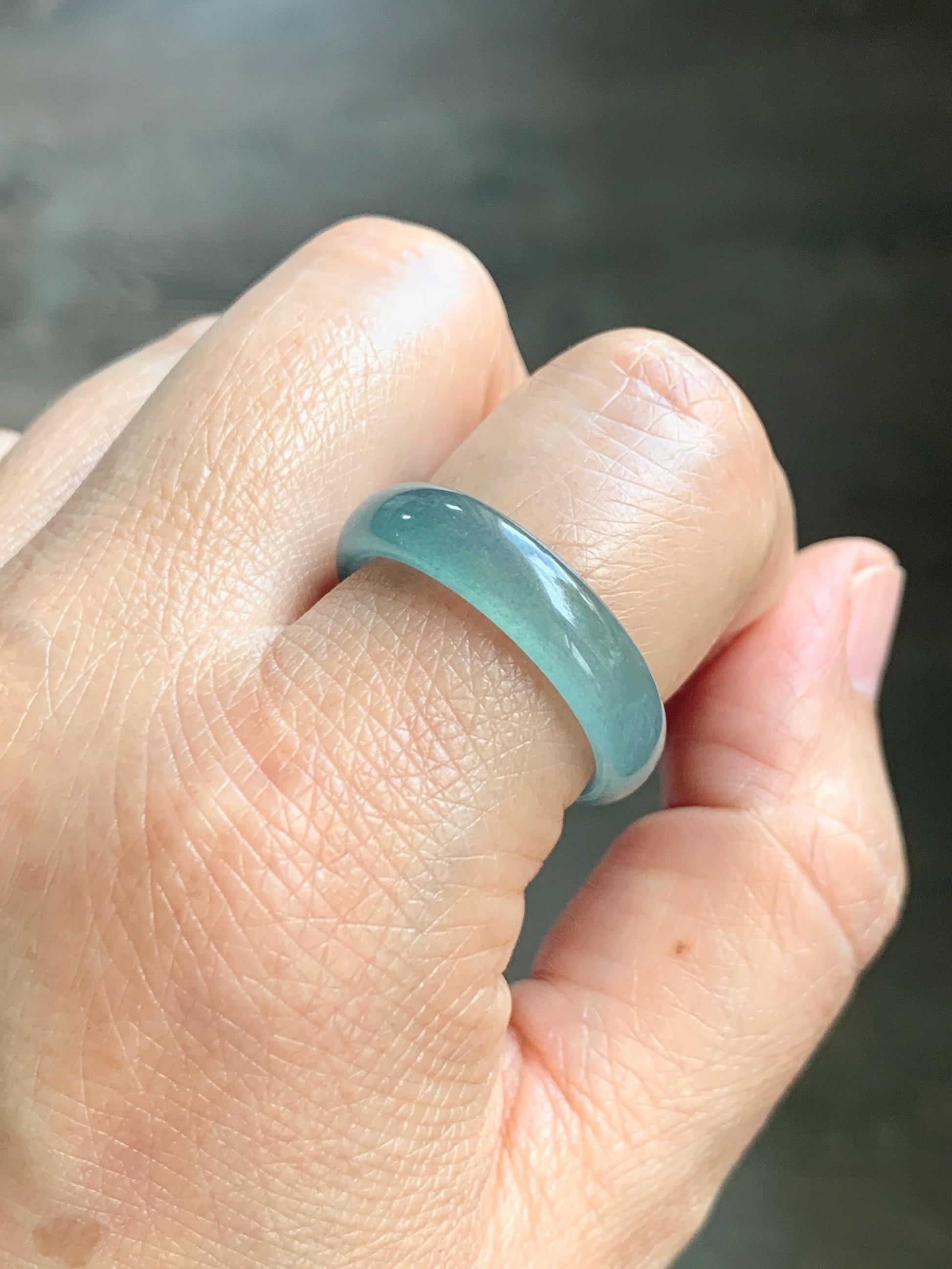 Natural Guatemalan Grade A Icy Translucent Teal Blue Jade Jadeite Jieyang Band Ring Comfort Fit Size 9.75 US 3g 天然冰胶危蓝翡翠揭阳工戒圈 WJQ220A