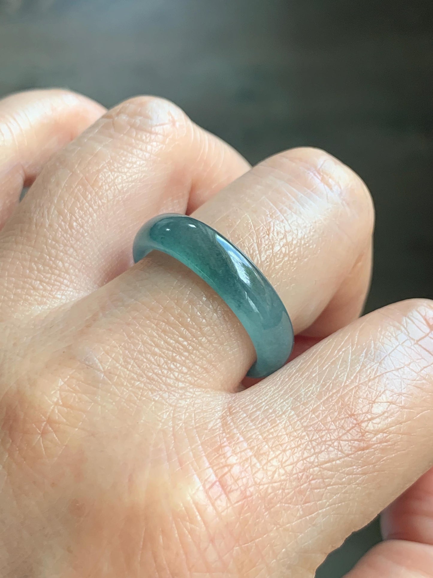 Natural Guatemalan Grade A Icy Translucent Teal Blue Jade Jadeite Jieyang Band Ring Comfort Fit Size 9.75 US 3g 天然冰胶危蓝翡翠揭阳工戒圈 WJQ220A