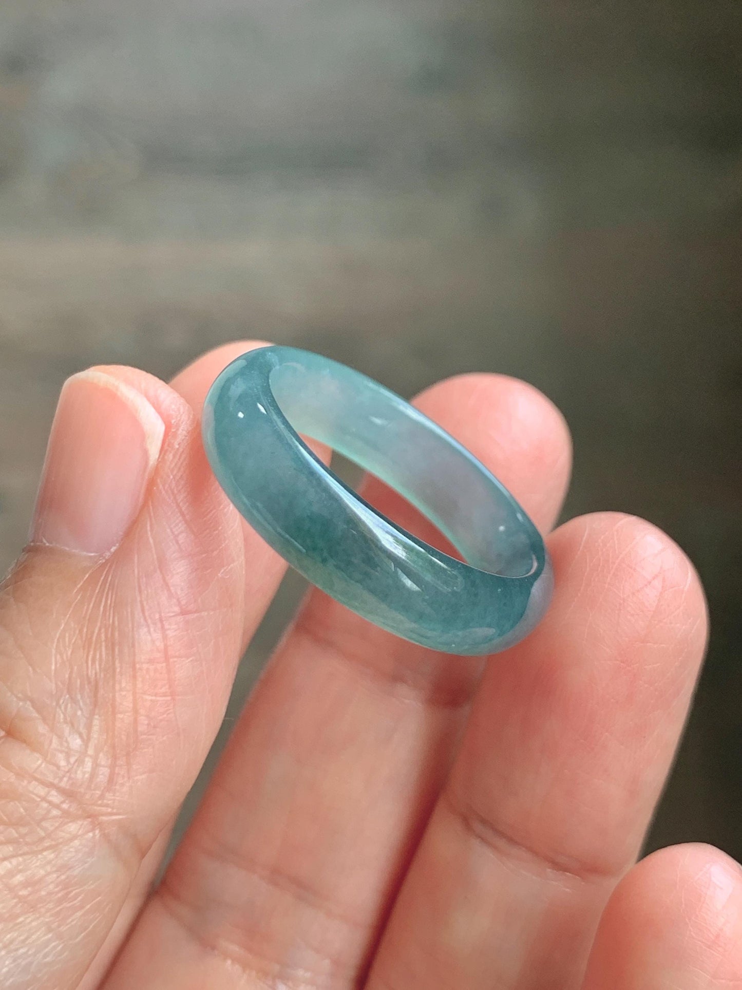 Natural Guatemalan Grade A Icy Translucent Teal Blue Jade Jadeite Jieyang Band Ring Comfort Fit Size 9.75 US 3g 天然冰胶危蓝翡翠揭阳工戒圈 WJQ220A