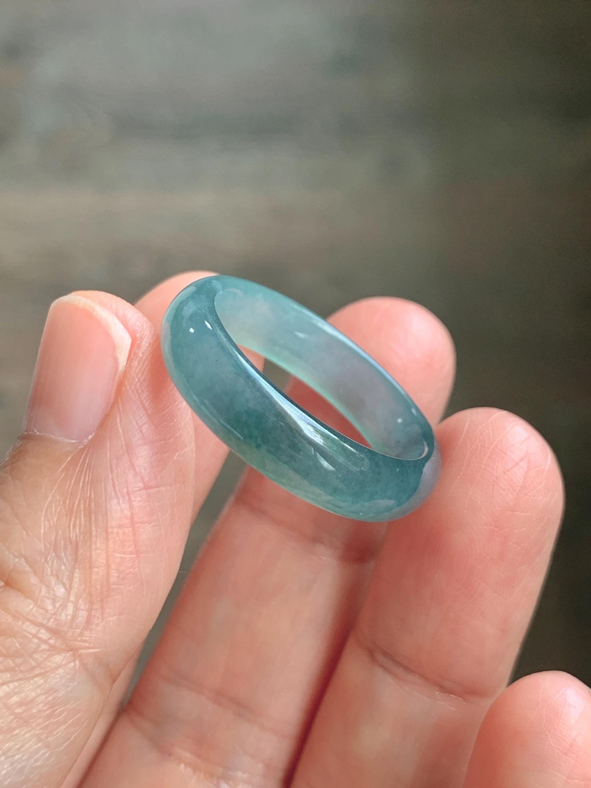 Natural Guatemalan Grade A Icy Translucent Teal Blue Jade Jadeite Jieyang Band Ring Comfort Fit Size 9.75 US 3g 天然冰胶危蓝翡翠揭阳工戒圈 WJQ220A