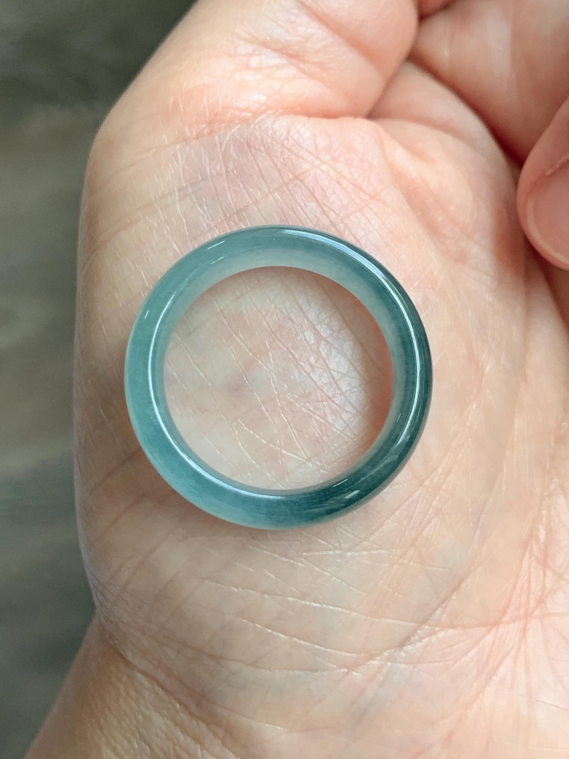 Natural Guatemalan Grade A Icy Translucent Teal Blue Jade Jadeite Jieyang Band Ring Comfort Fit Size 9.75 US 3g 天然冰胶危蓝翡翠揭阳工戒圈 WJQ220A