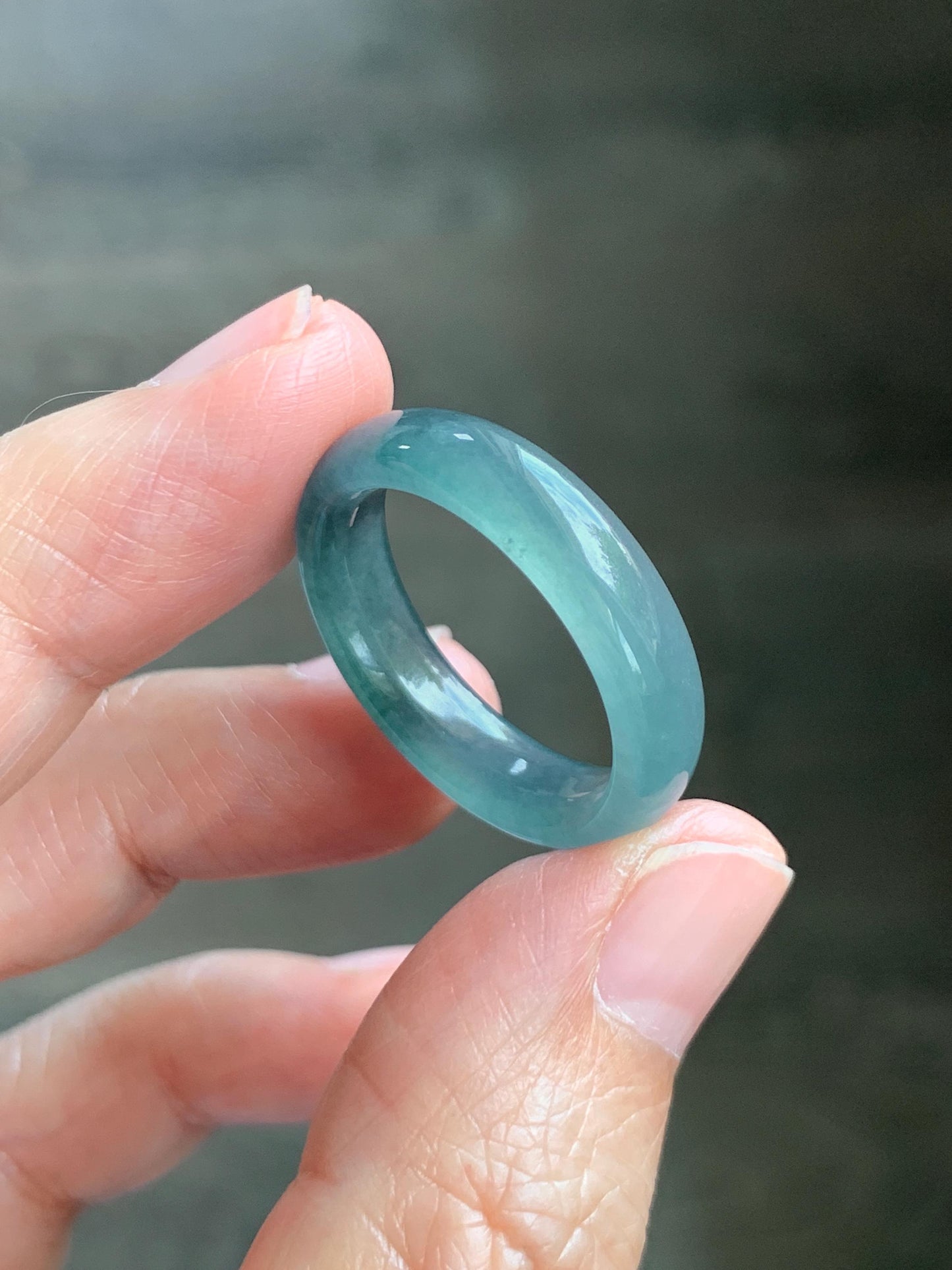 Natural Guatemalan Grade A Icy Translucent Teal Blue Jade Jadeite Jieyang Band Ring Comfort Fit Size 9.75 US 3g 天然冰胶危蓝翡翠揭阳工戒圈 WJQ220A