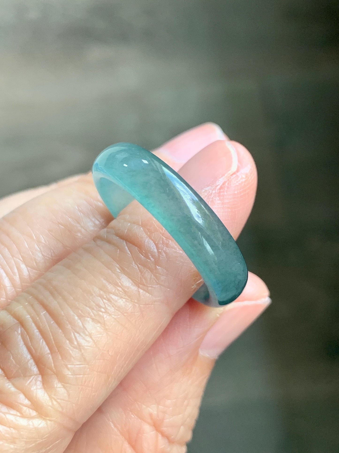 Natural Guatemalan Grade A Icy Translucent Teal Blue Jade Jadeite Jieyang Band Ring Comfort Fit Size 9.75 US 3g 天然冰胶危蓝翡翠揭阳工戒圈 WJQ220A