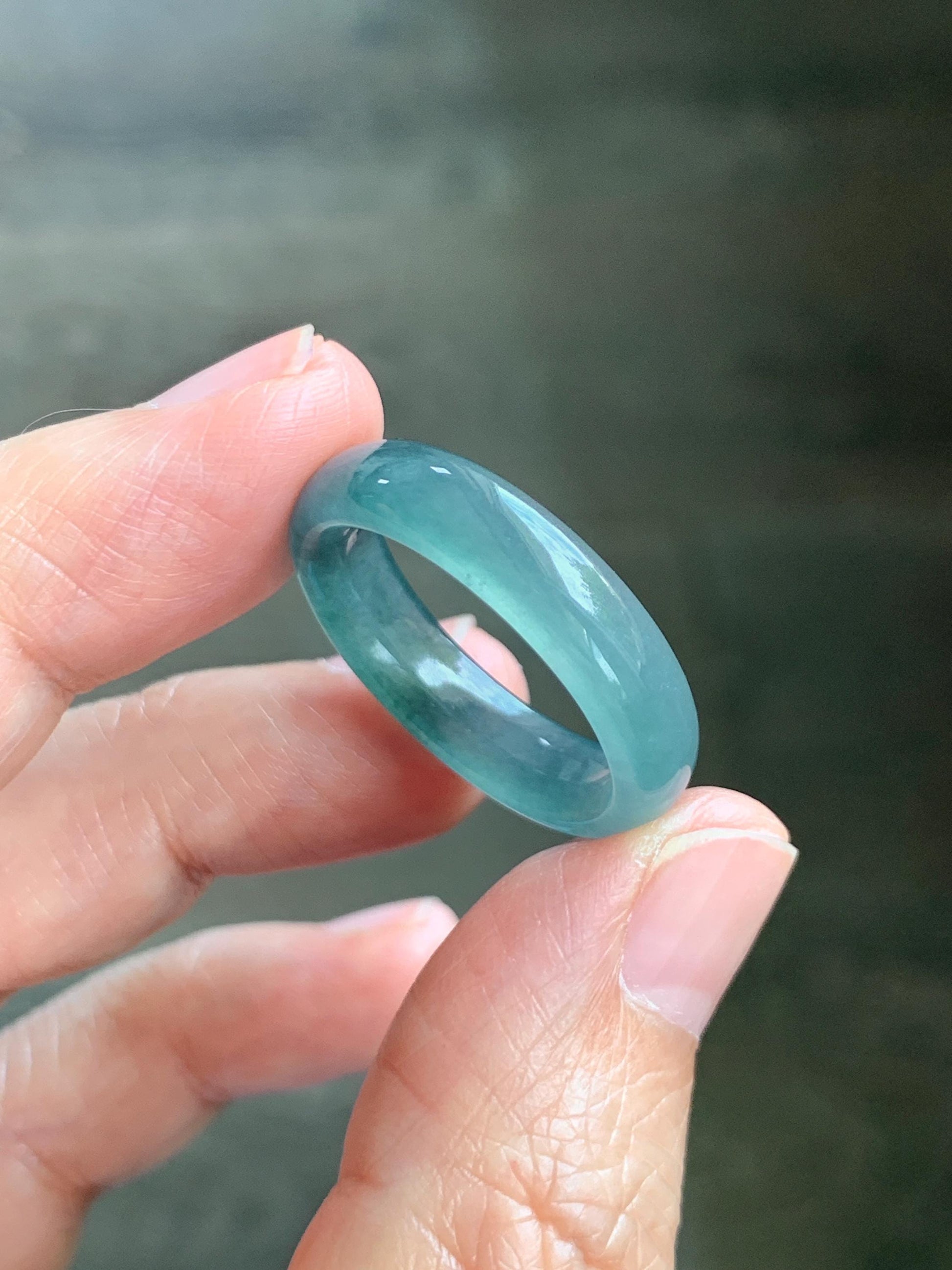Natural Guatemalan Grade A Icy Translucent Teal Blue Jade Jadeite Jieyang Band Ring Comfort Fit Size 9.75 US 3g 天然冰胶危蓝翡翠揭阳工戒圈 WJQ220A
