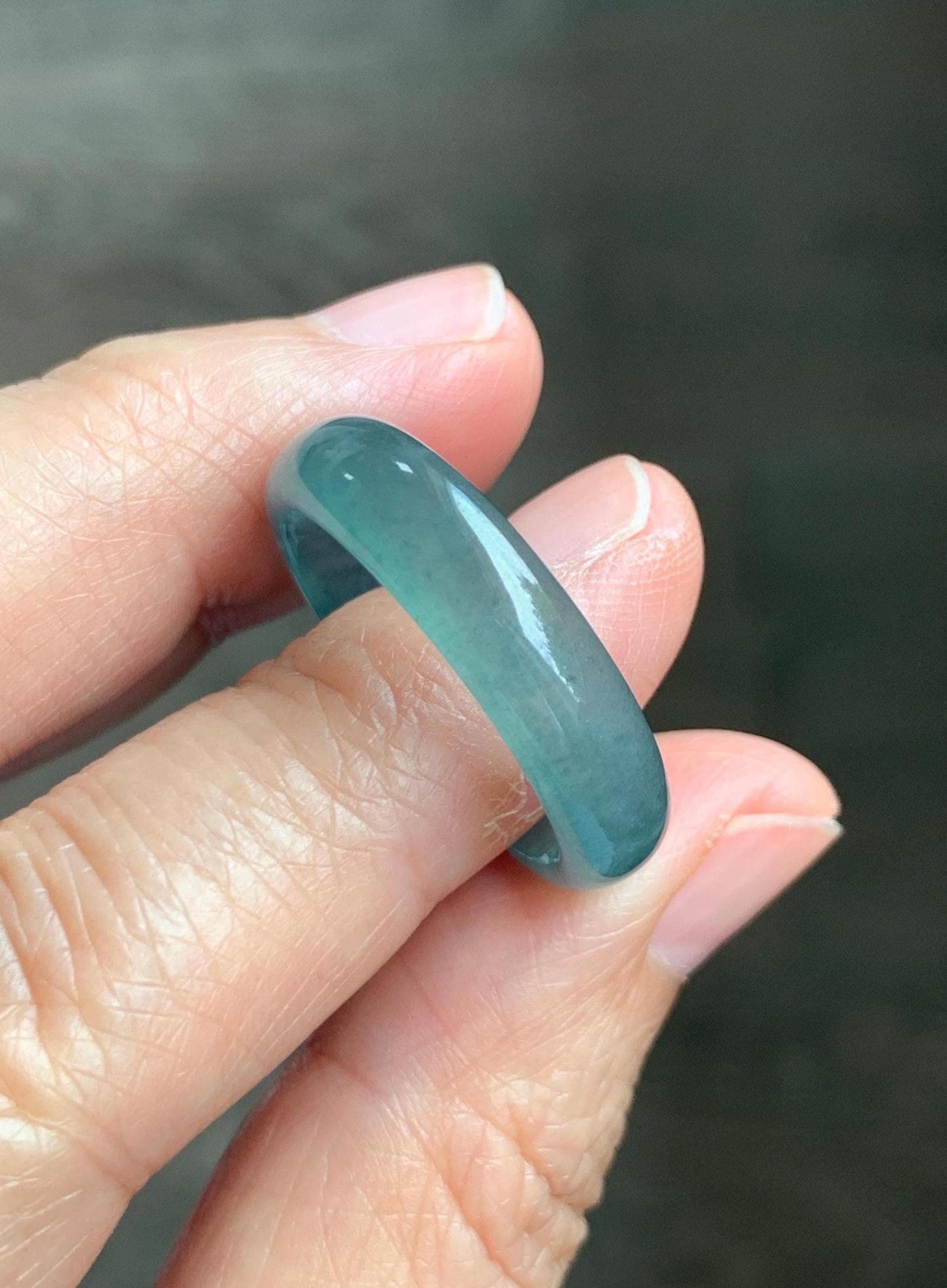 Natural Guatemalan Grade A Icy Translucent Teal Blue Jade Jadeite Jieyang Band Ring Comfort Fit Size 9.75 US 4g 天然冰胶危蓝翡翠揭阳工戒圈 WJQ220B