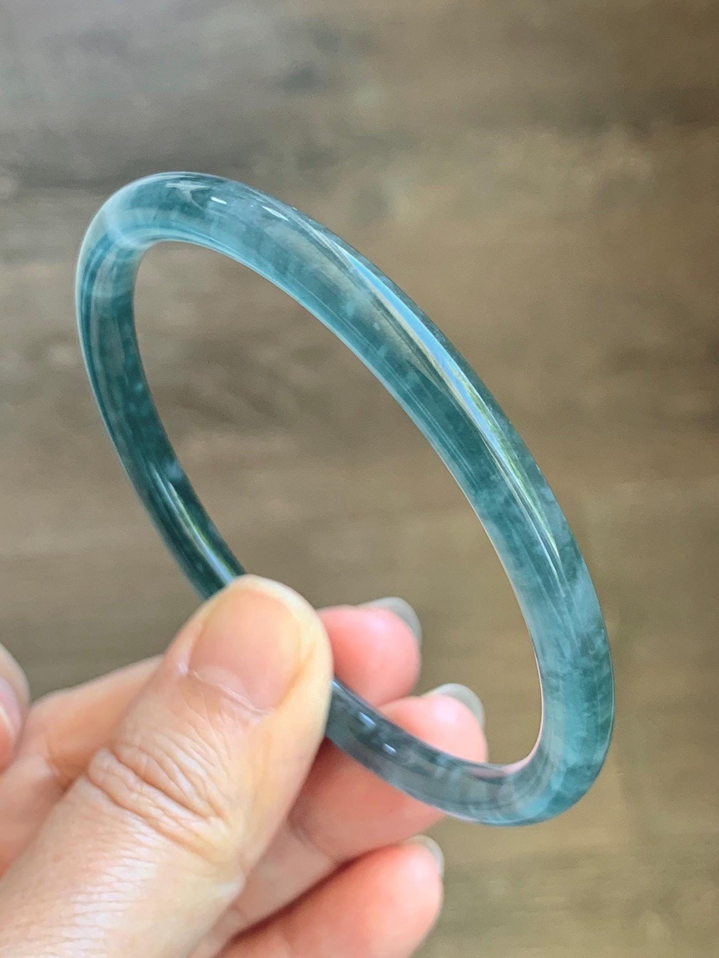 Certified Natural Grade A Guatemalan Icy Translucent Teal Blue Jade Jadeite Slim Bangle 60mm 7.42” 19.7g 天然冰胶危蓝绿翡翠细圆条手镯 1176